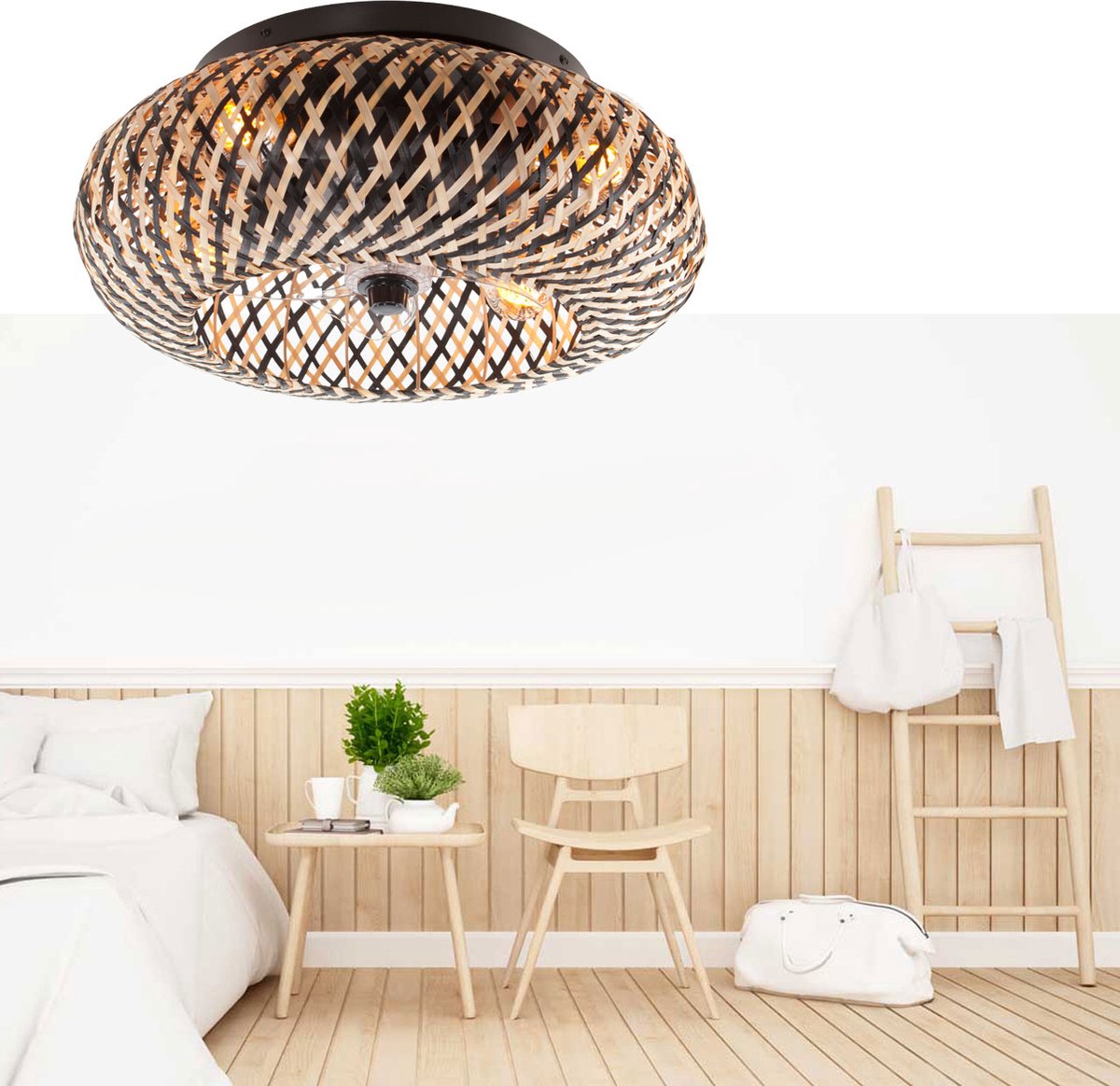 Ceiling fan with light - Rattan natural / black Ø 50 cm