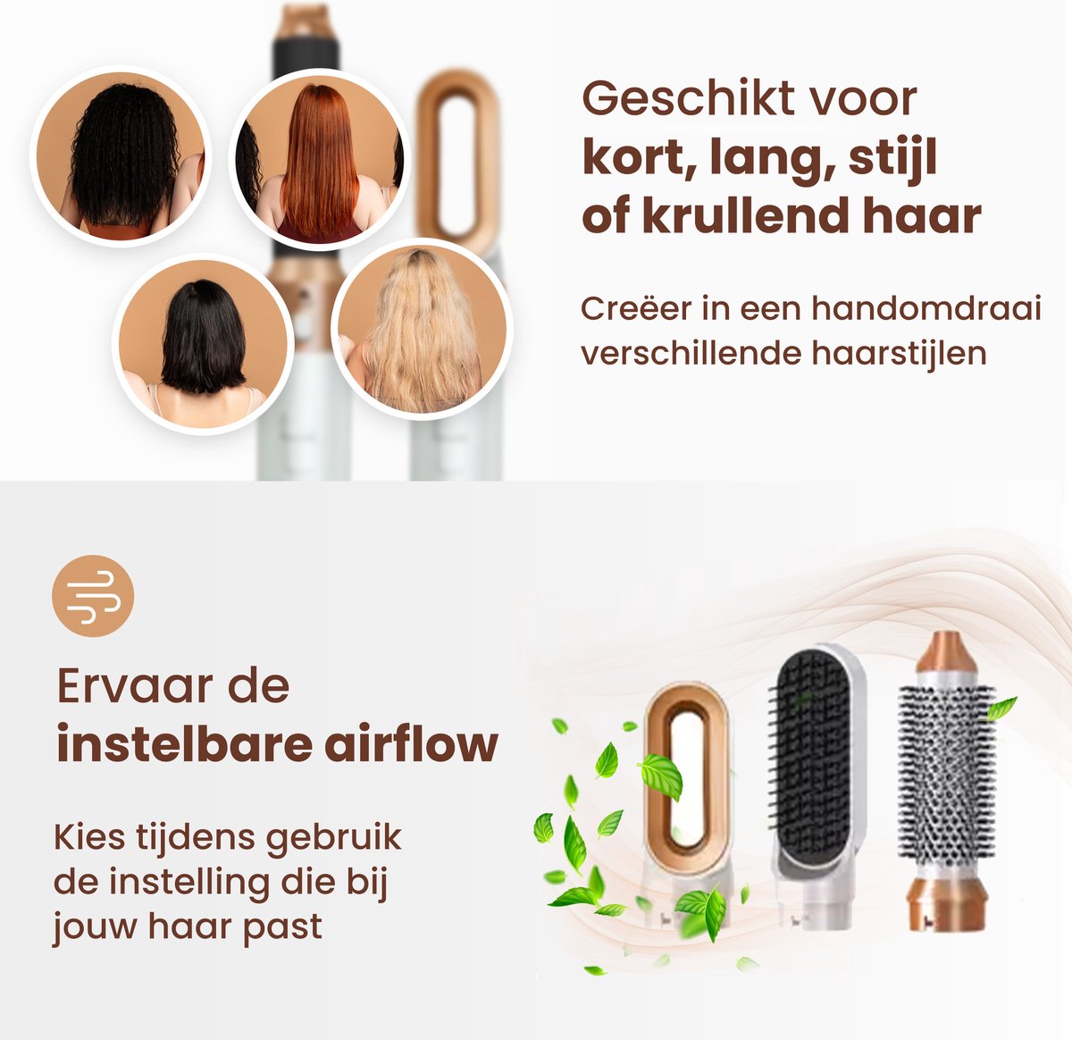 Airstyler Krultang 5-in-1 – Föhnborstel Roterend met Diffuser – Multistyler – 5 Opzetstukken – Kort & Lang haar – Haardroger