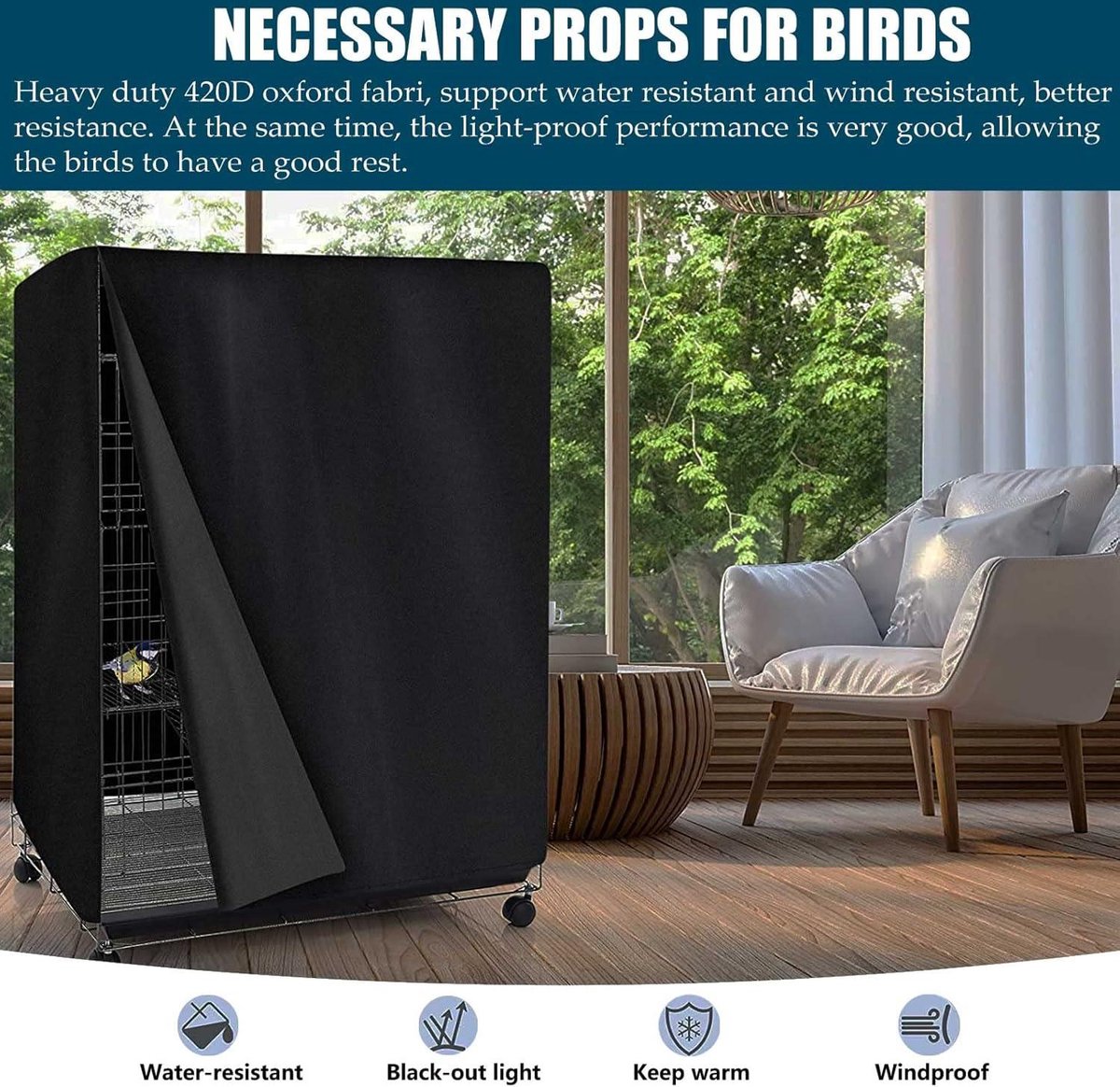 Vogelkooihoes schaduw ademend 420D Oxford-doek slijtvast duurzaam grote vogelkooibescherming 's nachts (82 x 55 x 98 cm) Vogelnestkast