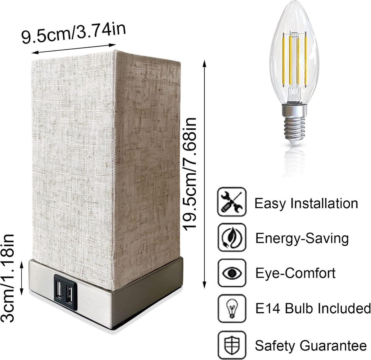 Moderne Bedlamp Touch Dimbare Vintage met USB-aansluitingen - Warm Witte Lamp - Slaapkamer Kinderkamer Beige