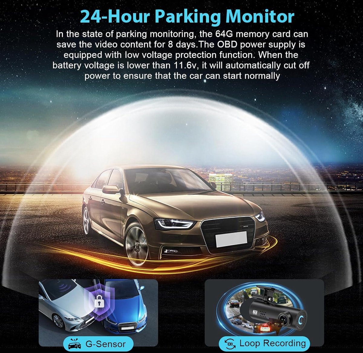 Auto achter Dashcam, 2K + 1296P WiFi, 64G SD-kaart, 170Â° groothoek, loopopname, nachtzicht, parkeermodus Dashcam voor auto