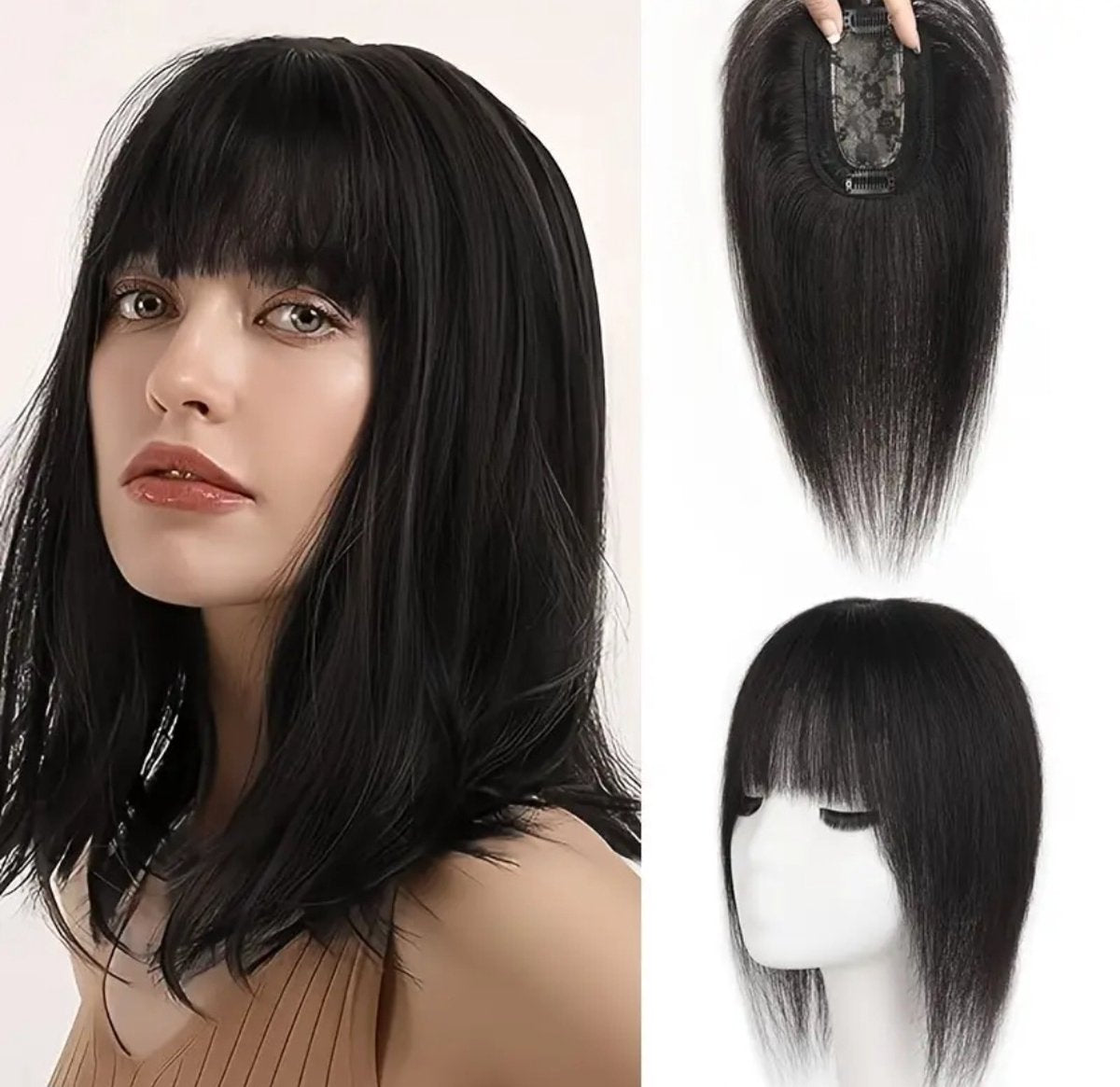 100% Echthaar Extensions Pruik zur Abdeckung von grauem Haar oder Glatzen oder für mehr Volumen. Schwarzer Haartopper mit Pony
