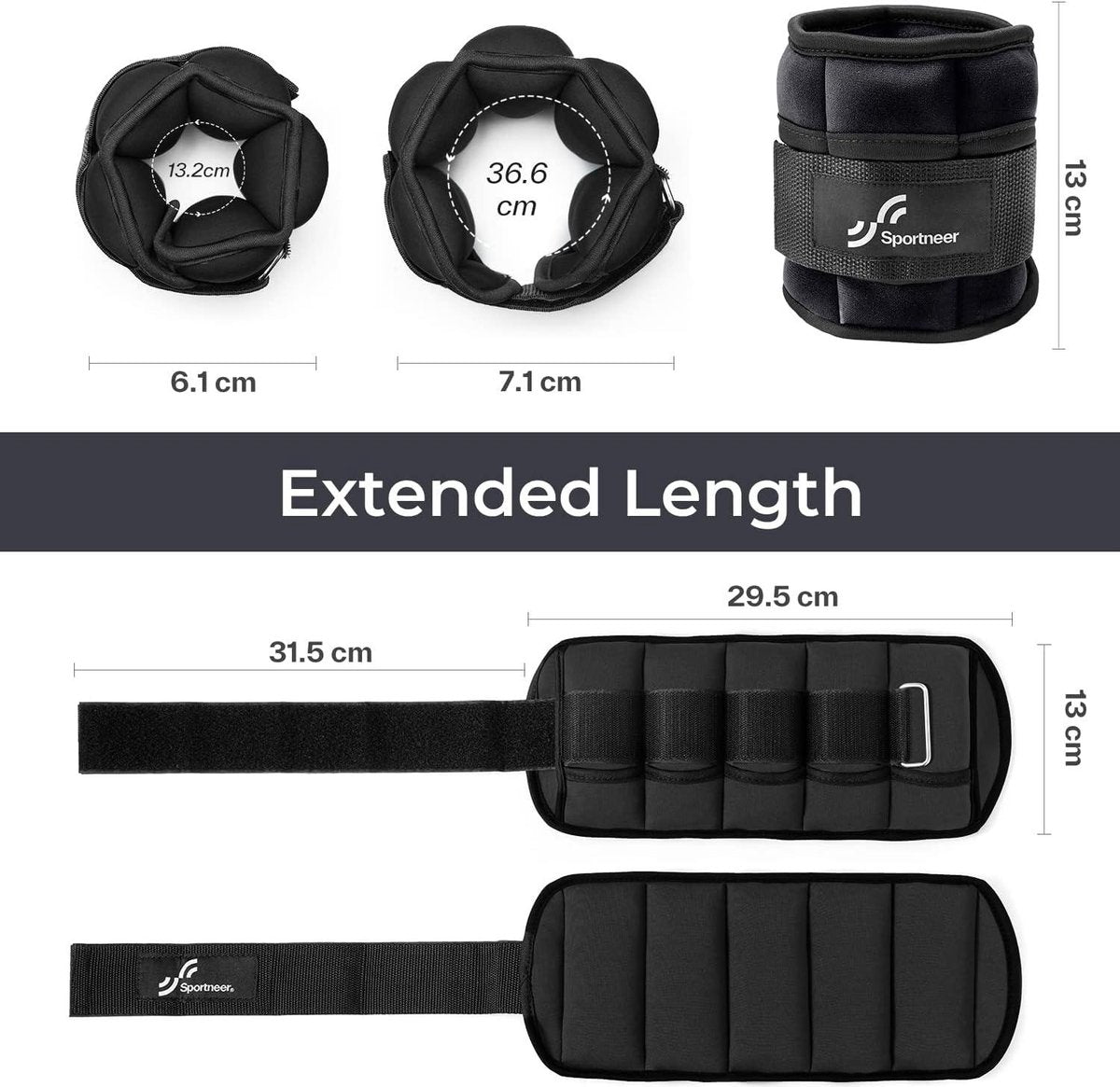 Verstelbare enkelgewichten set - Sportneer 0,22 kg tot 0,9 kg per enkel - 0,45-1,8 kg per paar - Zwart