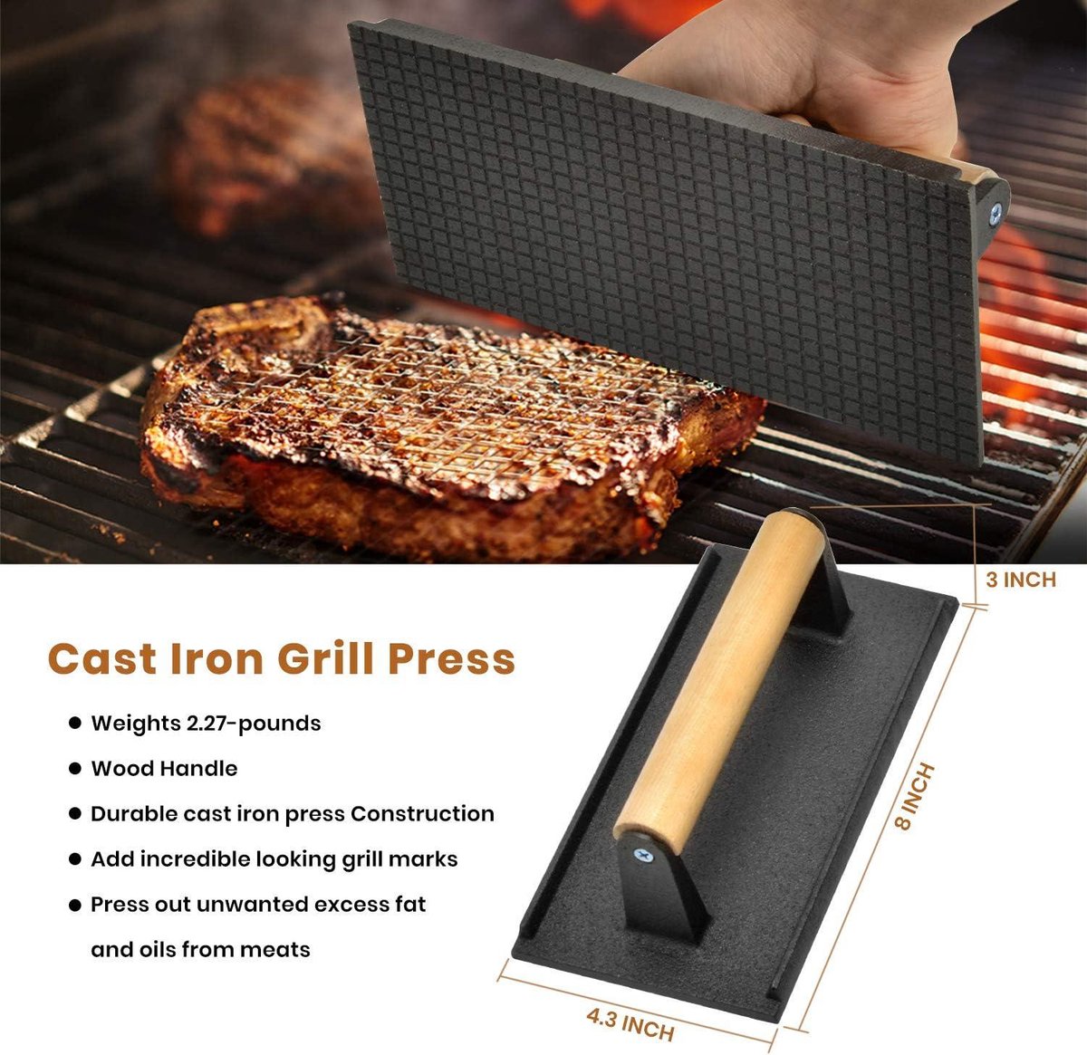 BBQ Grill Accessoires Kit - Roestvrijstalen Bakplaat Spatel Schraper Gereedschap - Gietijzeren Grill Pers - voor vlakke bakplaten grills - ovens - fornuizen - koken Plancha BBQ