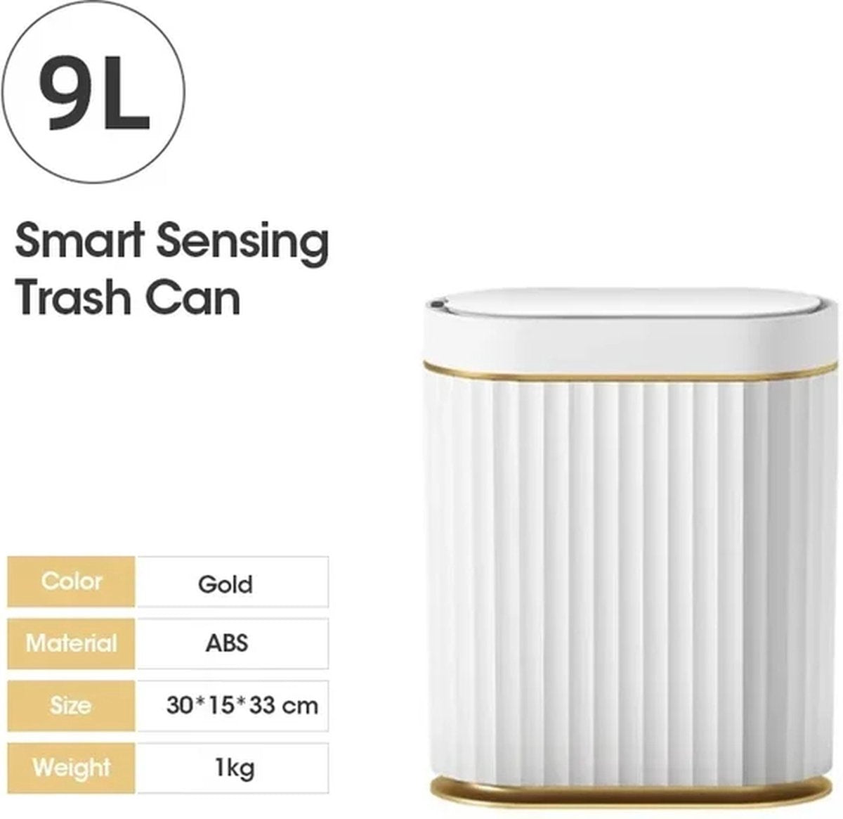 9l Slimme Prullenbak - Wit - Goud - Waterdicht - Bewegingssensor - Stijlvol - Compact - Geruisloos - Oplaadbaar - Keuken - Badkamer - Automatische Sensor