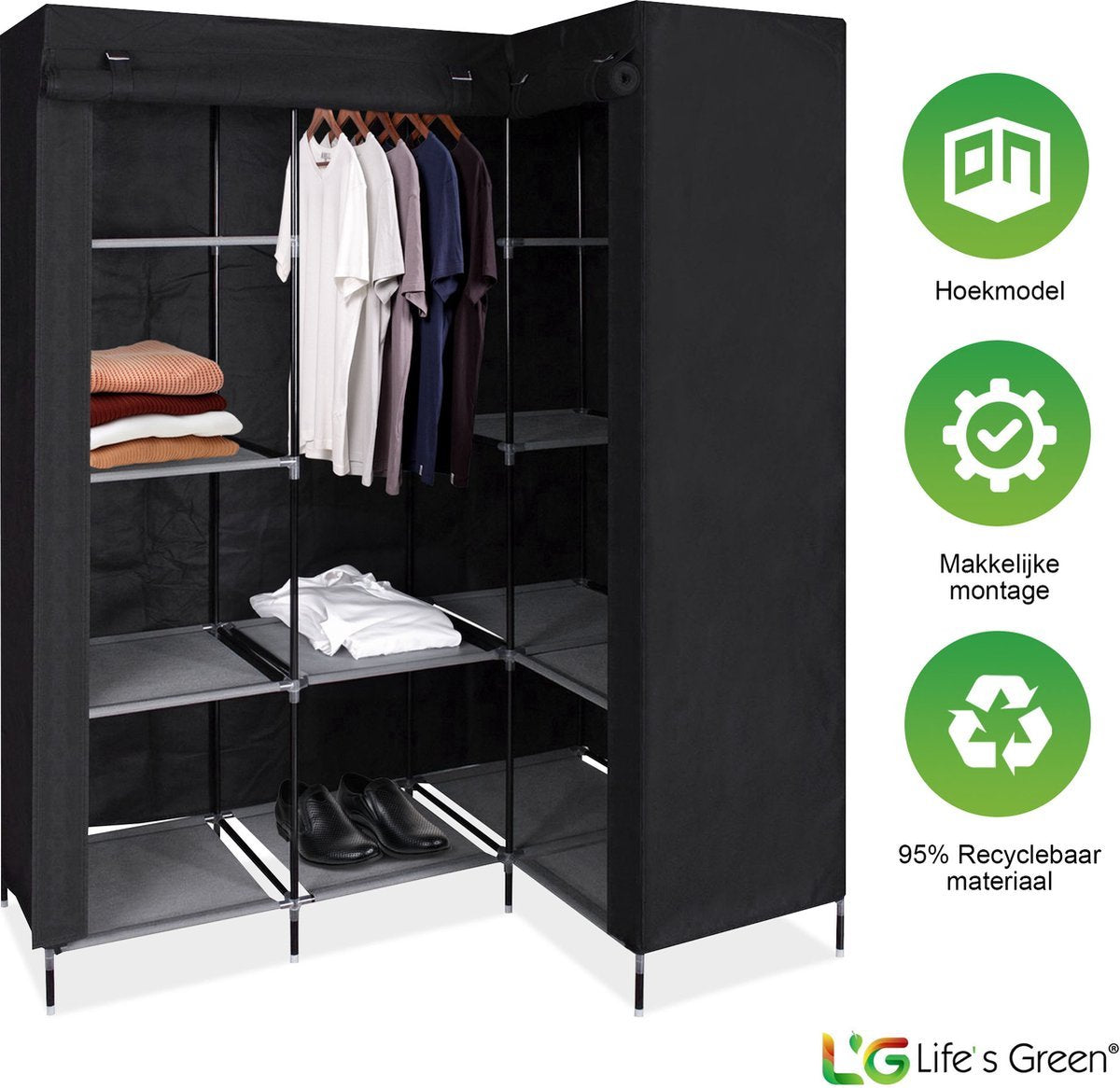 LG Life's Green Opvouwbare Kledingkast – 126x40x170CM – Kledingrek met 9 Legplanken – Stoffen Kledingkast – Hoekkast – 90KG Draagvermogen – Zwart