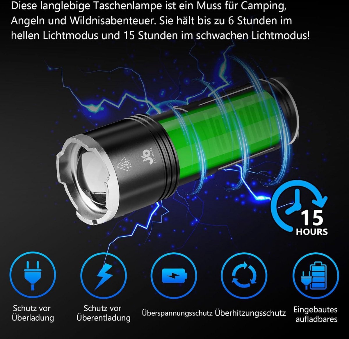 200.000 Lumen Oplaadbare LED Zaklamp - Super Helder - Tactische Zaklamp - 3 Verlichtingsmodi - Ingebouwde 10800 mAh Oplaadbare Batterij - High Power - JAY-PARK Zaklamp