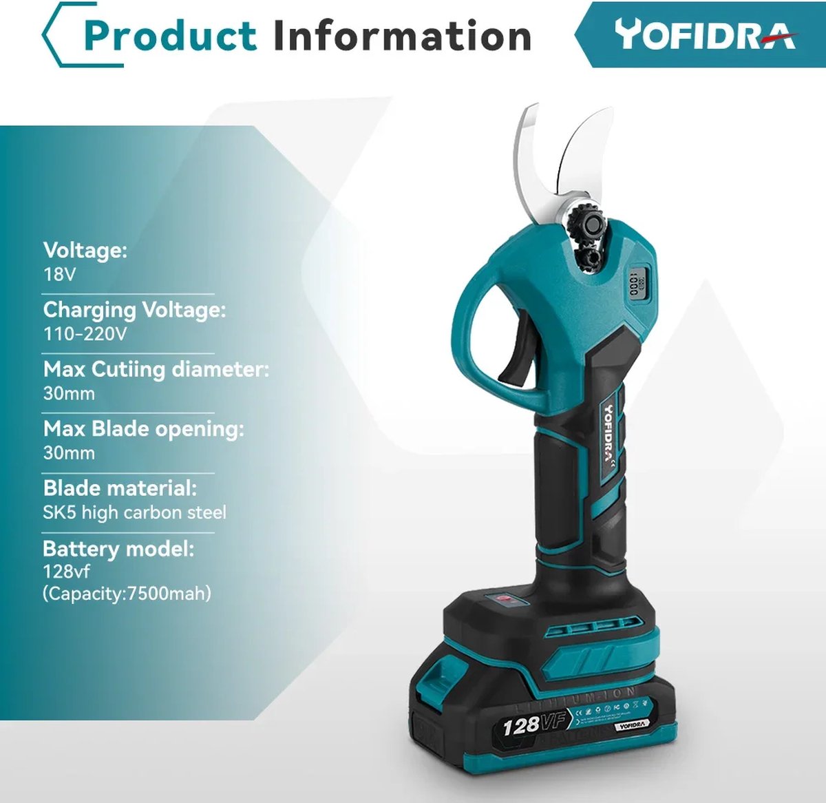 Fayb Snoeischaar - Heggenschaar - Elektrische snoeischaar - Takkenschaar - Inclusief 2 accu's - 30mm - 18V - Lichtgewicht - Voor Makita batterij