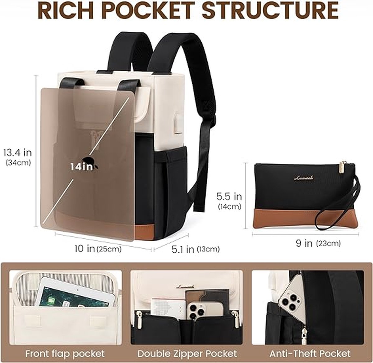 Small backpack 2-piece - Black/beige/brown - USB charging port - 2 pieces - Backpack for women - School, work, office, travel