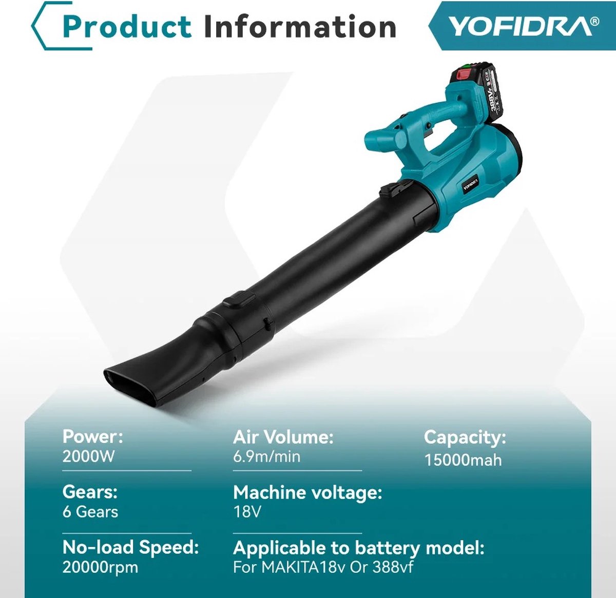 Fayb Bladblazer - Elektrische bladblazer - Sneeuwblazer - Vuilblazer - Stofblazer - Draadloos - 6 snelheden - Inclusief 2 accu's - Geschikt voor Makita 18V accu - 2000W - 18V - 6.9m/min