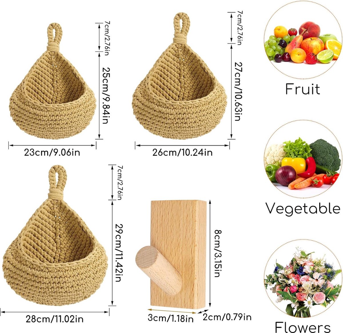Hangmand, fruitmand, hangende wandmand, opbergmanden, gevlochten wilgenmand, om aan de muur te hangen, voor groenten en fruit, van natuurlijk riet, met 3 haken