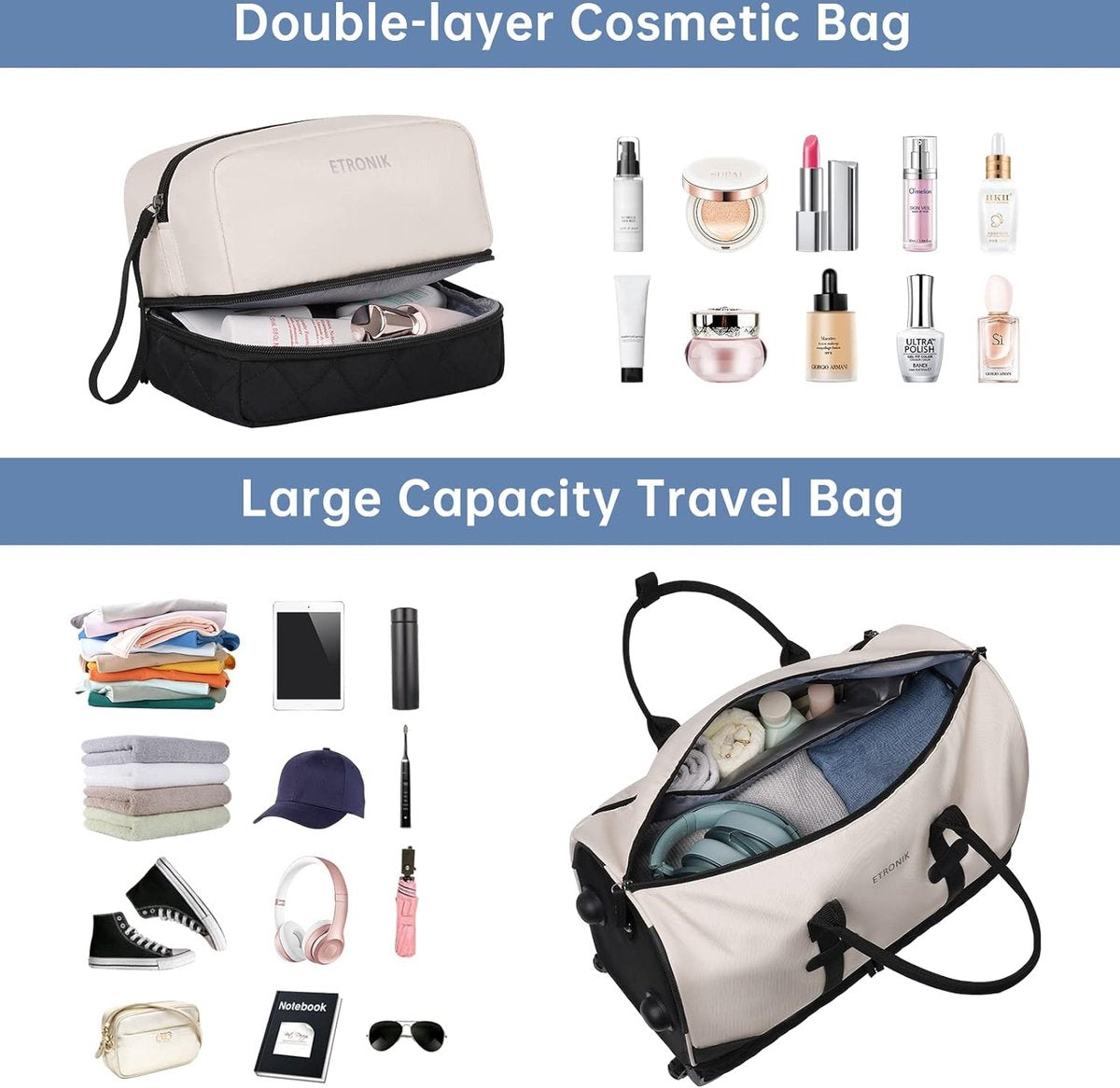 wheeled travel bag, travel bag, 21 inch women's travel bag with makeup bag, 21x14x9 inch flight approved weekender with wheels