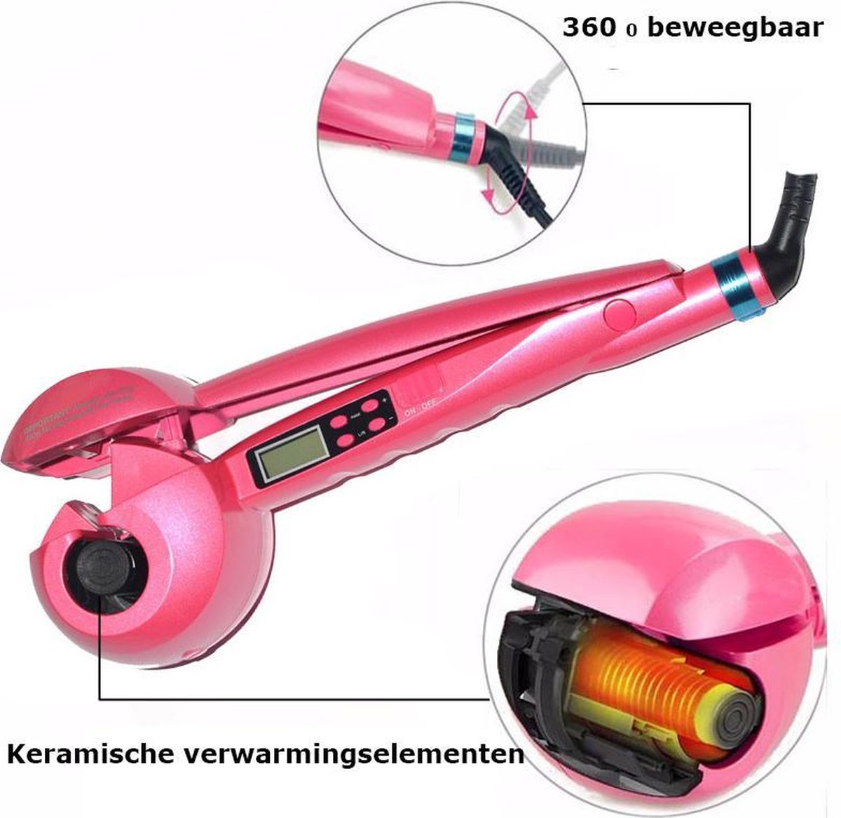 Electric hair curler with LCD screen and ceramic plates. Colour Pink