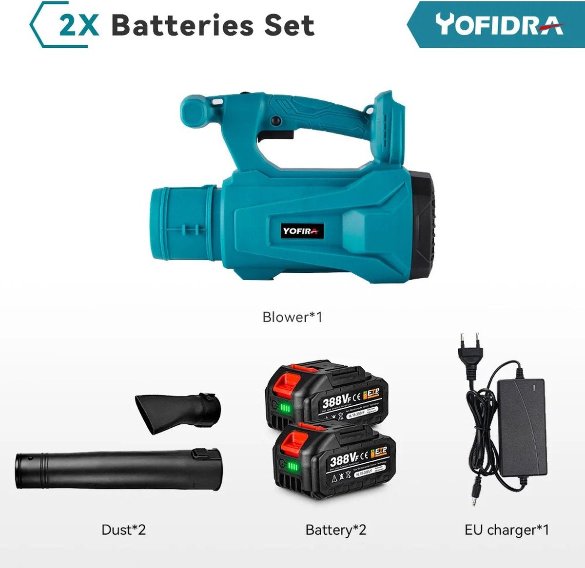 Fayb Bladblazer - Elektrische bladblazer - Sneeuwblazer - Vuilblazer - Stofblazer - Draadloos - 6 snelheden - Inclusief 2 accu's - Geschikt voor Makita 18V accu - 2000W - 18V - 6.9m/min