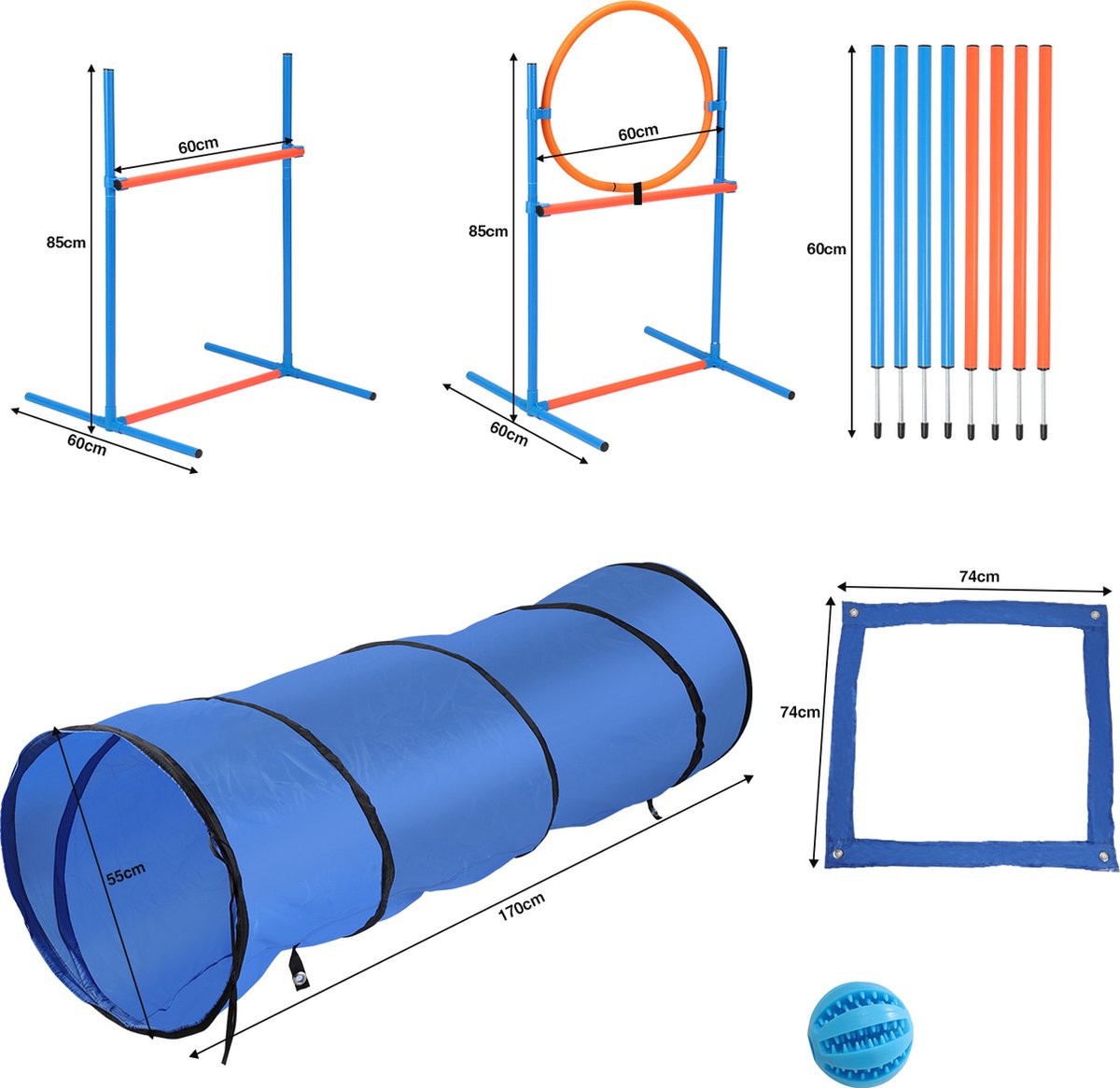 Dog Agility Set - Agility Equipment 16 pieces - Dog Tunnel - Slalom Poles - Hurdle - Jump Ring - Carry Bag