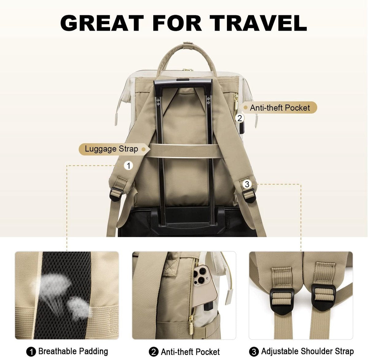 Laptop bag 17 inch - Beige - USB charging port - 43 × 15 × 32 - Waterproof backpack - Adult backpack