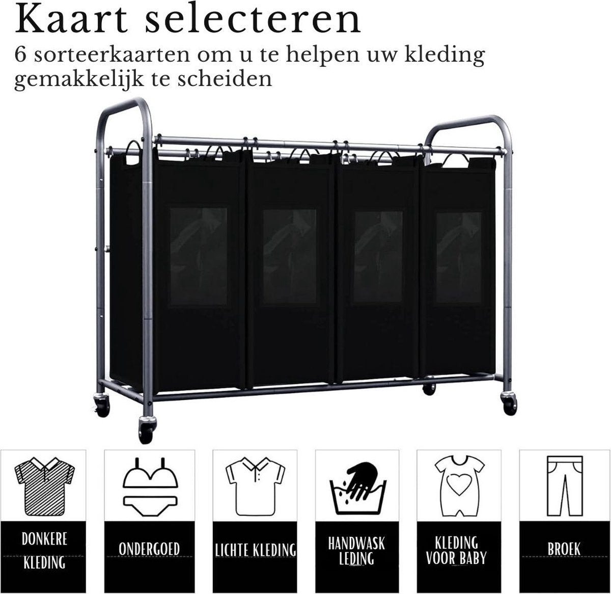 Wassorteerder 4 vakken - Wasmand 4 vakken - Wasmand Op Wieltjes – Wassorteerder Met Verwijderbare Zakken - Dubbele wasmand Met 6 Sorteerkaarten – Wasmanden - 99 x 43 x 79 cm
