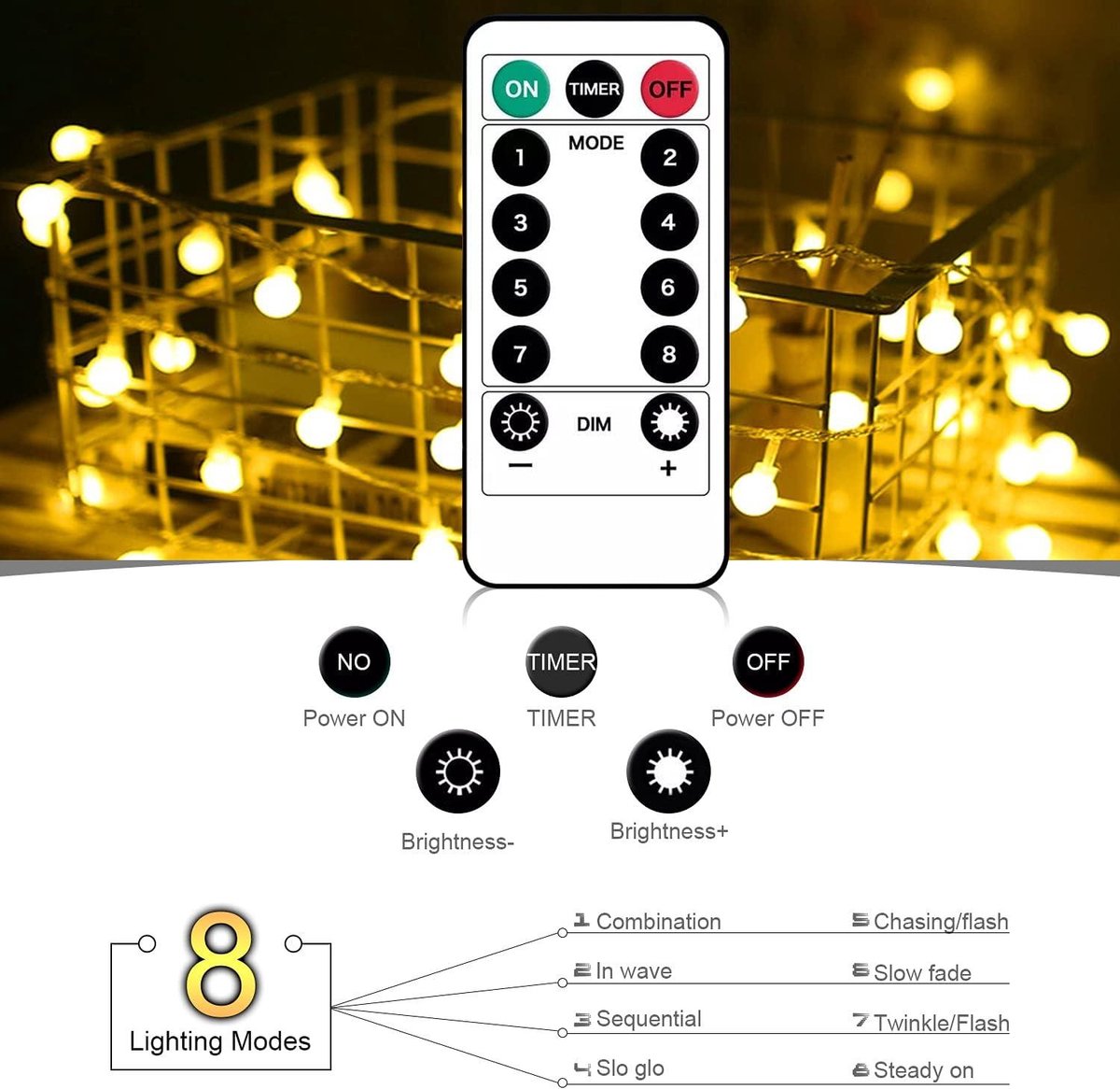 Kerstverlichting Led-lichtsnoer buiten batterij 105 m 100 leds lichtketting binnen buiten afstandsbediening 8 modi waterdicht Kerstverlichting bruiloft Kerstmis balkon