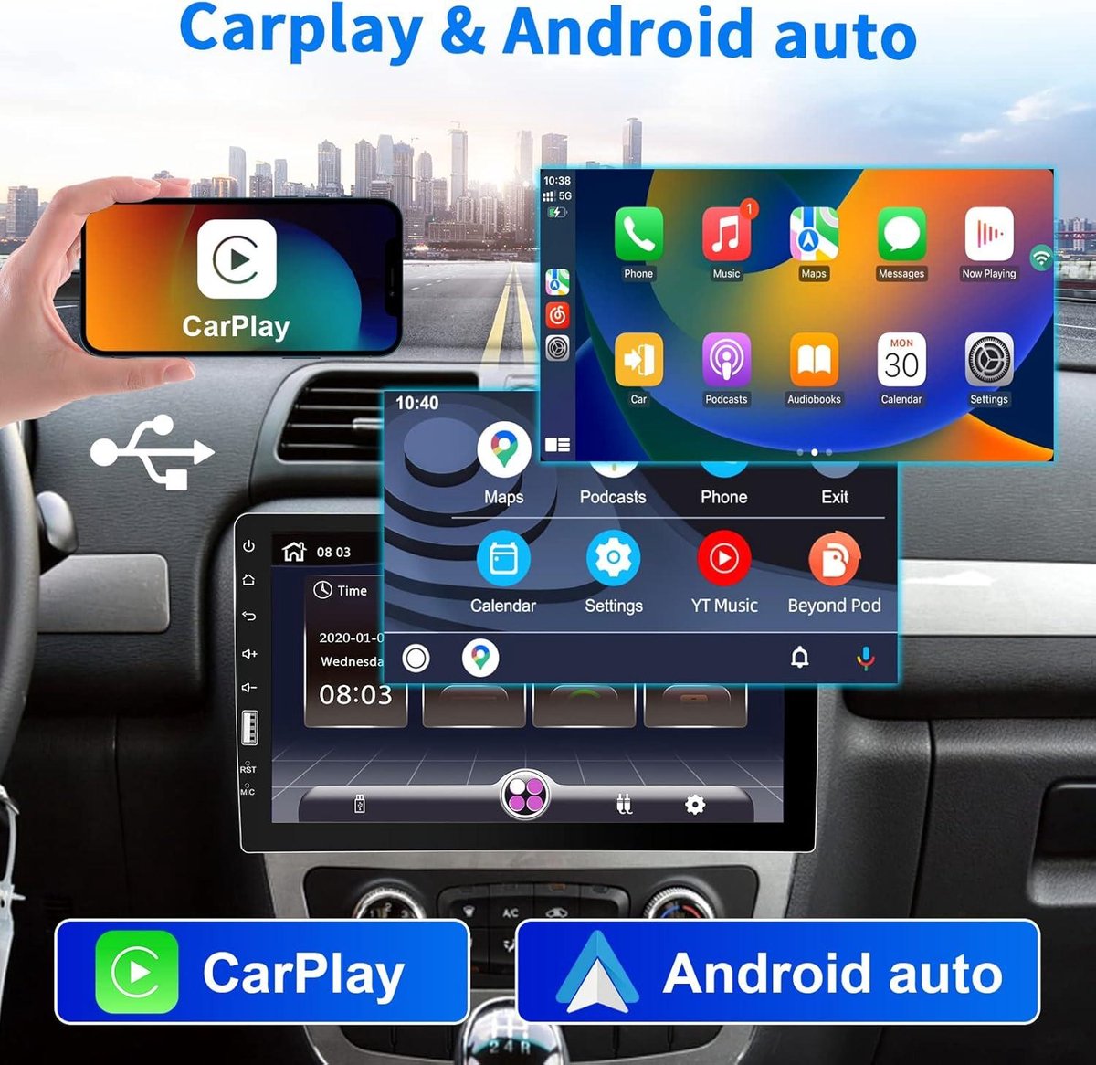 Autoradio 1 DIN 9 Inch Scherm - Compatibel met Apple Carplay en Android Auto - Bluetooth Handsfree - FM Radio - SWC Spiegellink - USB + Achteruitrijcamera Carplay scherm