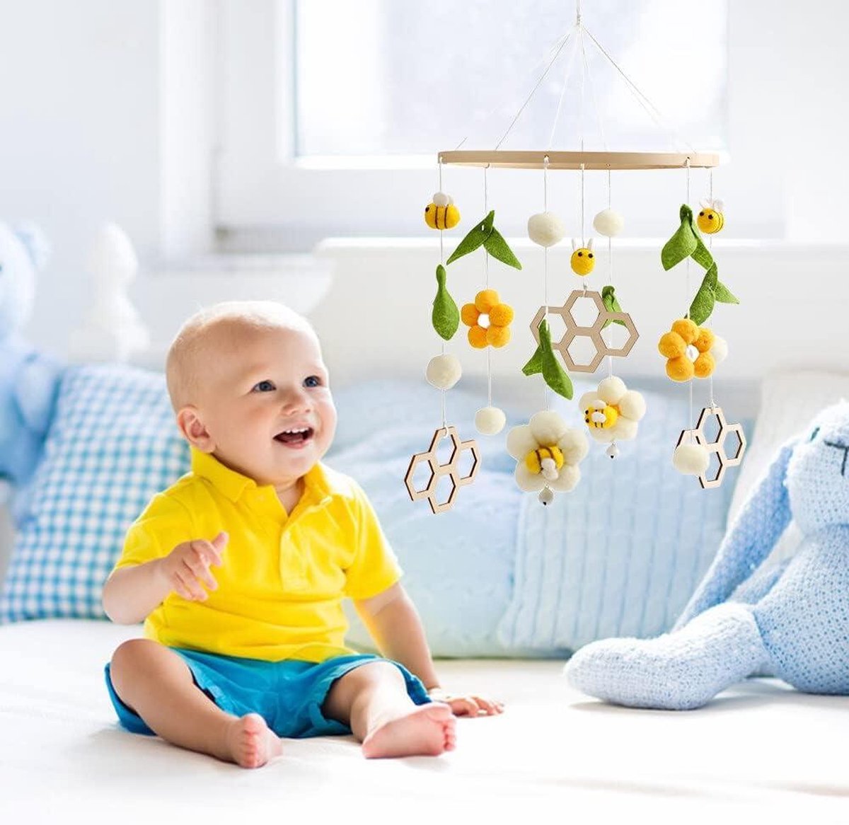 Baby mobile with music felt balls flowers - Mobile baby wind chime 3D flowers - Mobile baby wood felt balls - Baby mobile with music girl bed bell - Mobile baby boys girls crib decoration. baby mobile with music