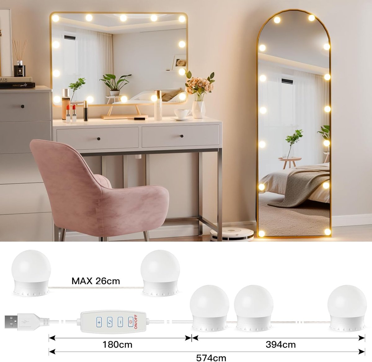 LED-make-uptafel, Hollywood, kaptafel met 14 lampen, kaptafel, dimbaar, USB, make-uplamp met 3 kleuren (spiegel en adapter niet inbegrepen)