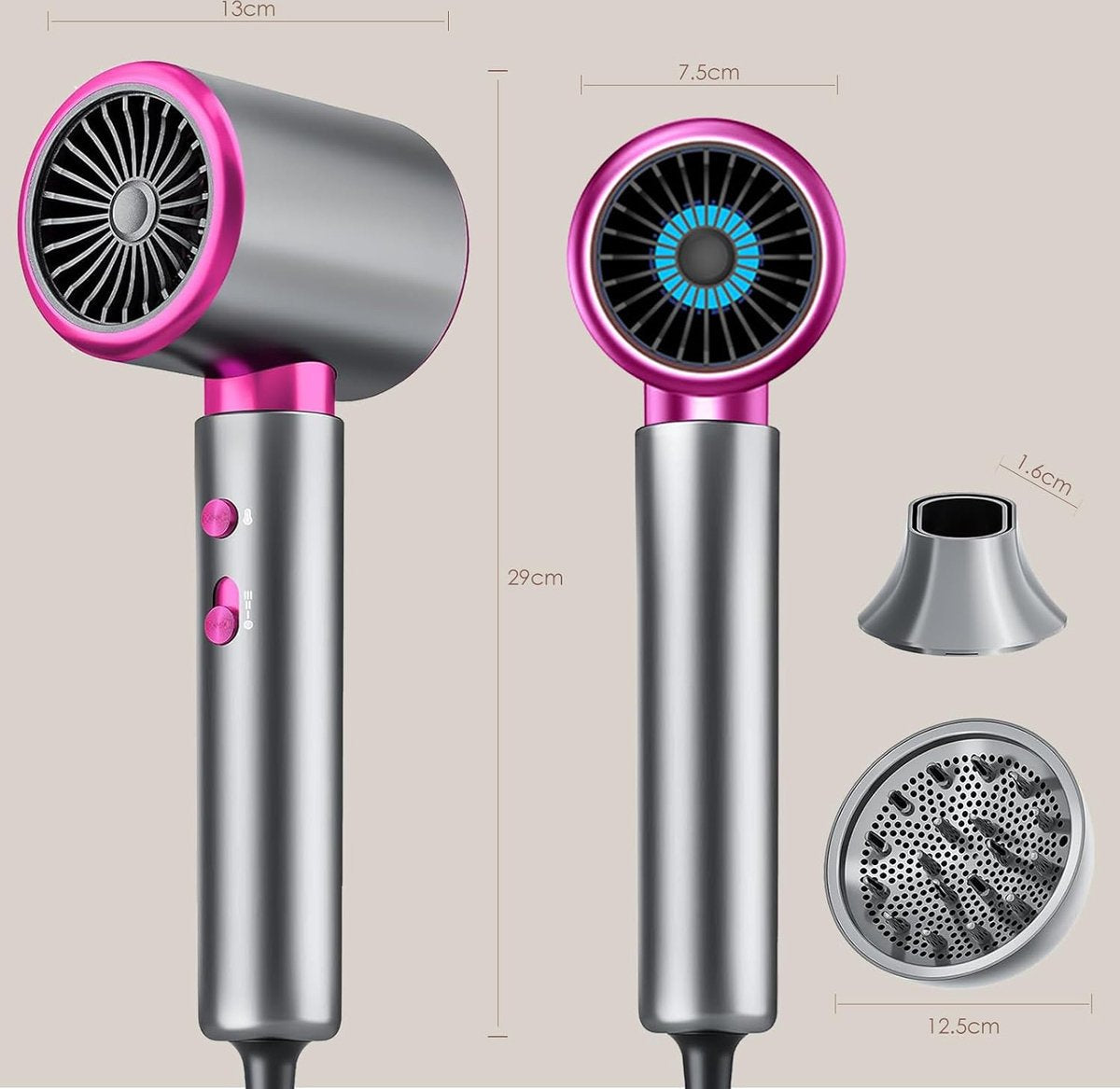 Haardroger Föhn - Föhn met Diffuser en Mondstuk - 2400 Watt - 3 Snelheden Standen Warm Koud - AC Motor - Droger - Zwart Paars