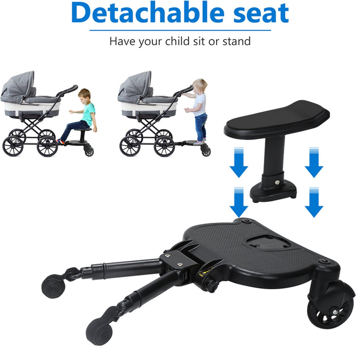 Universal Ride-Along Board - Ride-Along Board with Seat for Stroller or Buggy - Double Sturdy Wheels - Extra Stable - Adjustable - Black