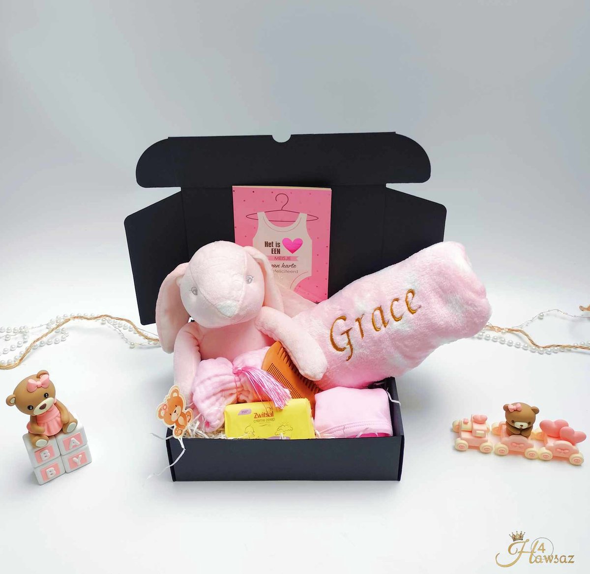 Kraamcadeau voor meisje 8 stuks - Hawsaz.nl cadeau - Babyknuffel - Slabbetje - Kraamcadeau - Gepersonaliseerd cadeau - Babydeken - Babygeschenksets - Geboortecadeau - Babyverzorging - Babyset - Zwitsal - Babypakket - Tweeling