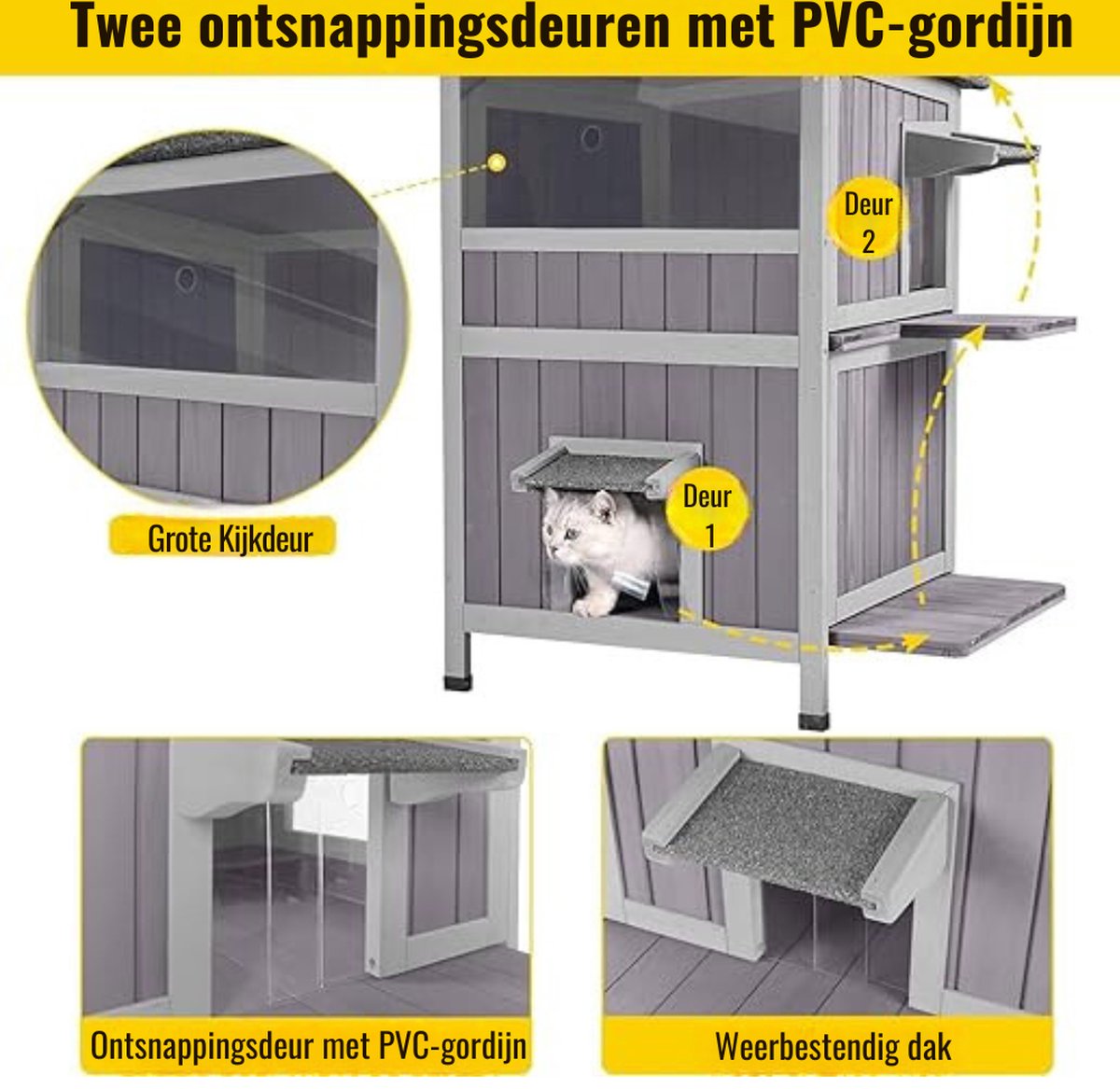 Outdoor cat house - Cat kennel - Cat litter box cabinet - Enclosure - Indoor cat cabinet - Rabbit hutch - 2 Floors - 57 x 55 x 86 cm - Pinewood - Grey