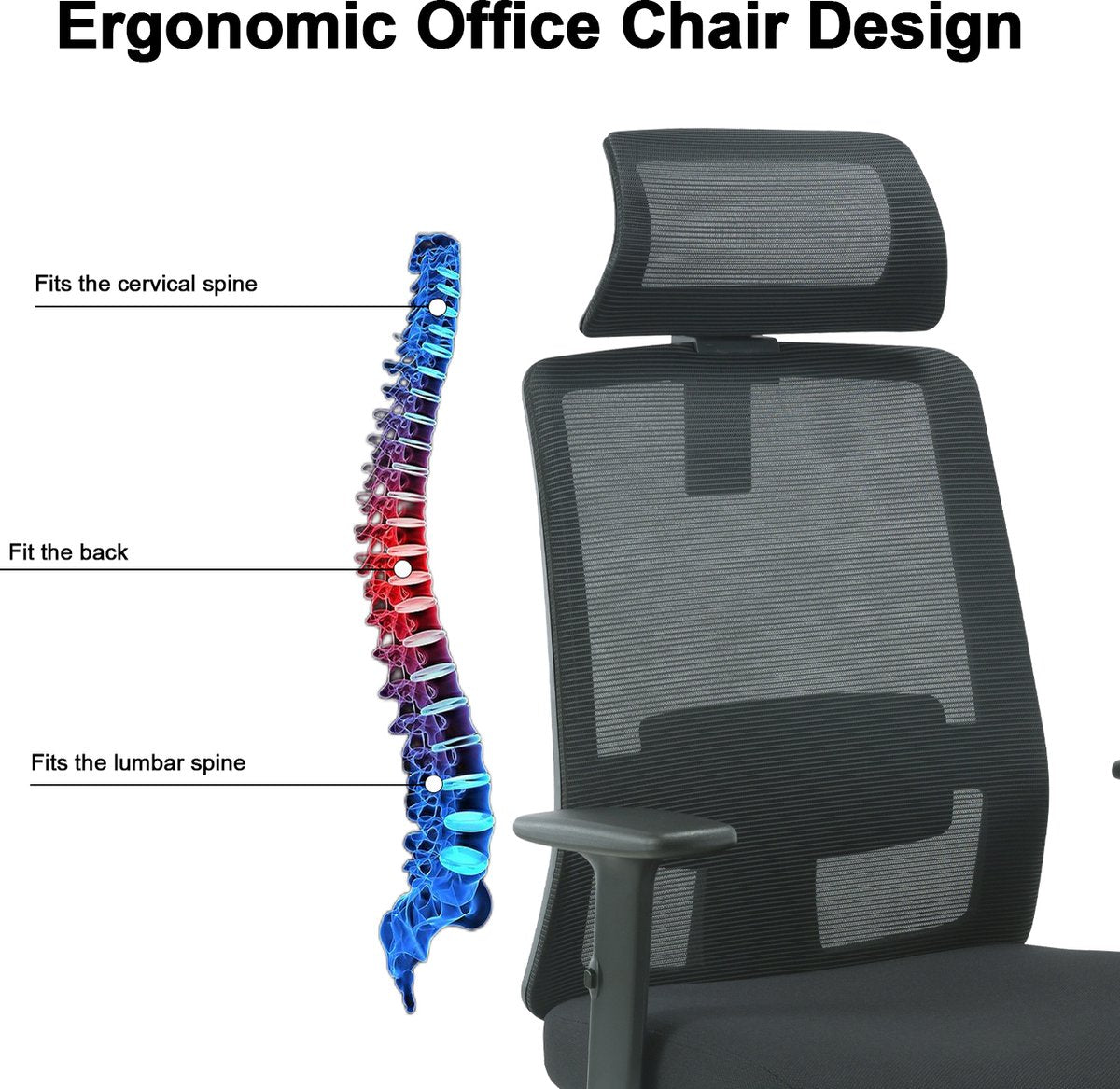 Ergonomische Bureaustoel - Bureaustoelen voor volwassenen - Ergonomische bureaustoel - In diepte verstelbare zitting - Onderstel van aluminiumlegering - Maximale belasting 150KG - Grijs