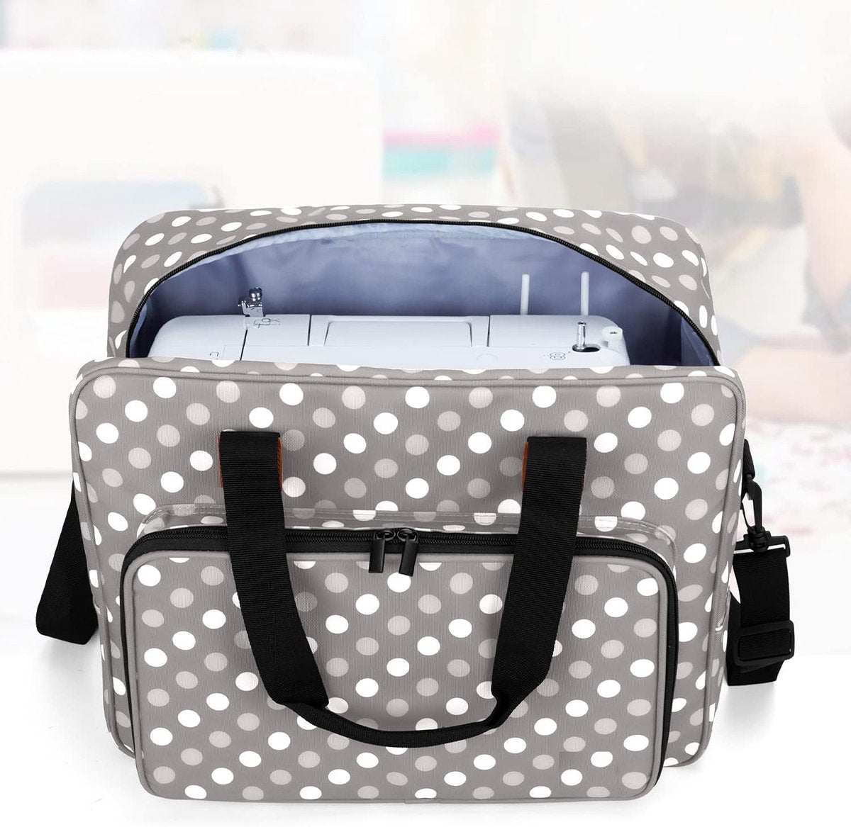 Sewing Machine Bag - Portable Carrying Case for Sewing Machine and Extra Sewing Accessories - Grey Dots