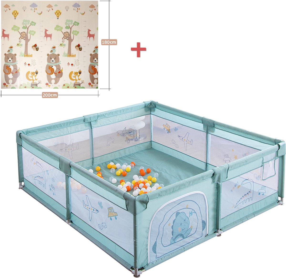 Playpen - Mobile crawling playpen - With non-slip base and sturdy protective mesh - Playpen for baby - 180 x 200 x 65cm - Green - With a bear playmat