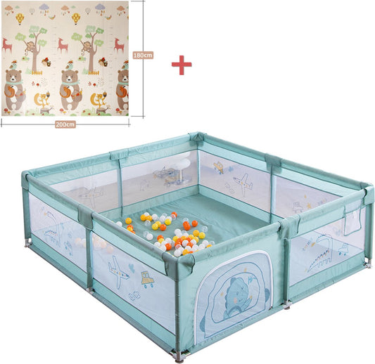 Playpen - Mobile crawling playpen - With non-slip base and sturdy protective mesh - Playpen for baby - 180 x 200 x 65cm - Green - With a bear playmat