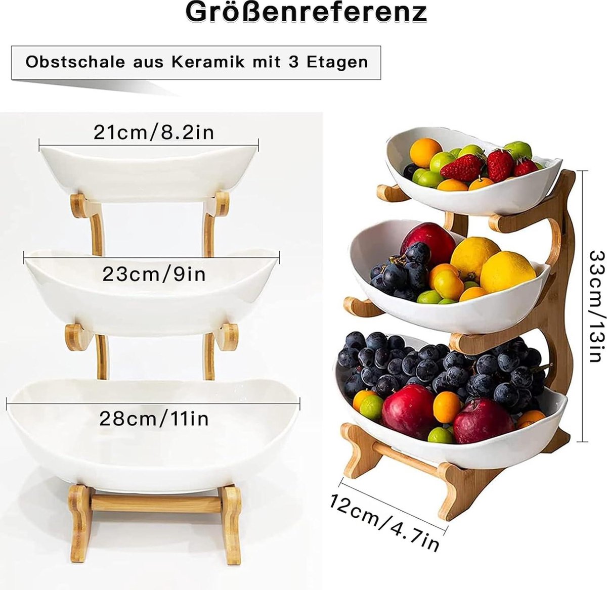 3-laags keramische fruitschaal met bamboe standaard - porseleinen fruitmand voor het bewaren van groenten - snack dessert taart dienblad bordenrek voor feest bruiloft