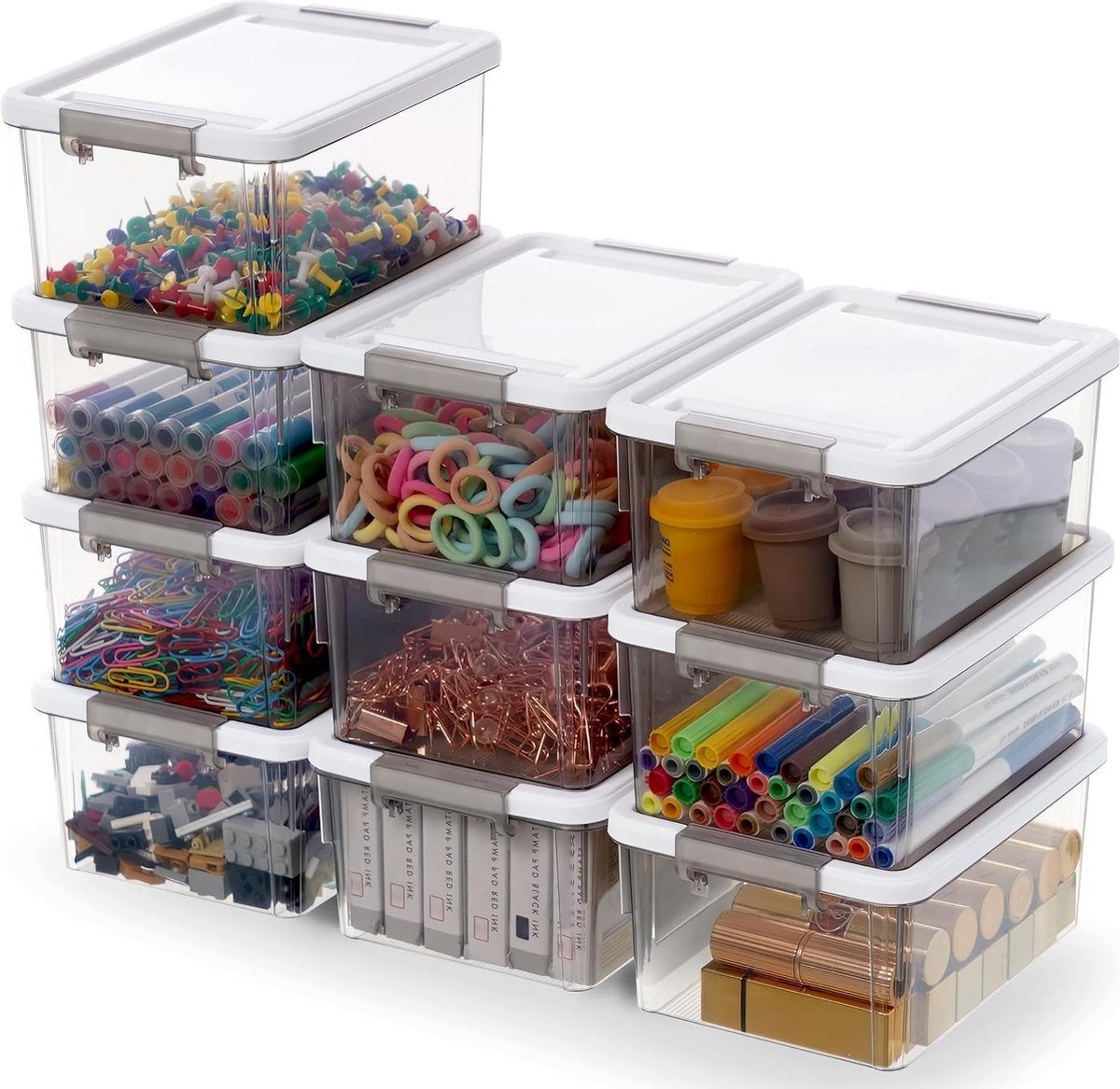 125 l Citylife Opbergdozen set voor kleine onderdelen - 10 stuks met deksel en handgreep - transparant - stapelbaar - elastisch en robuust plastic - Lego en knutselspullen. transparante doos