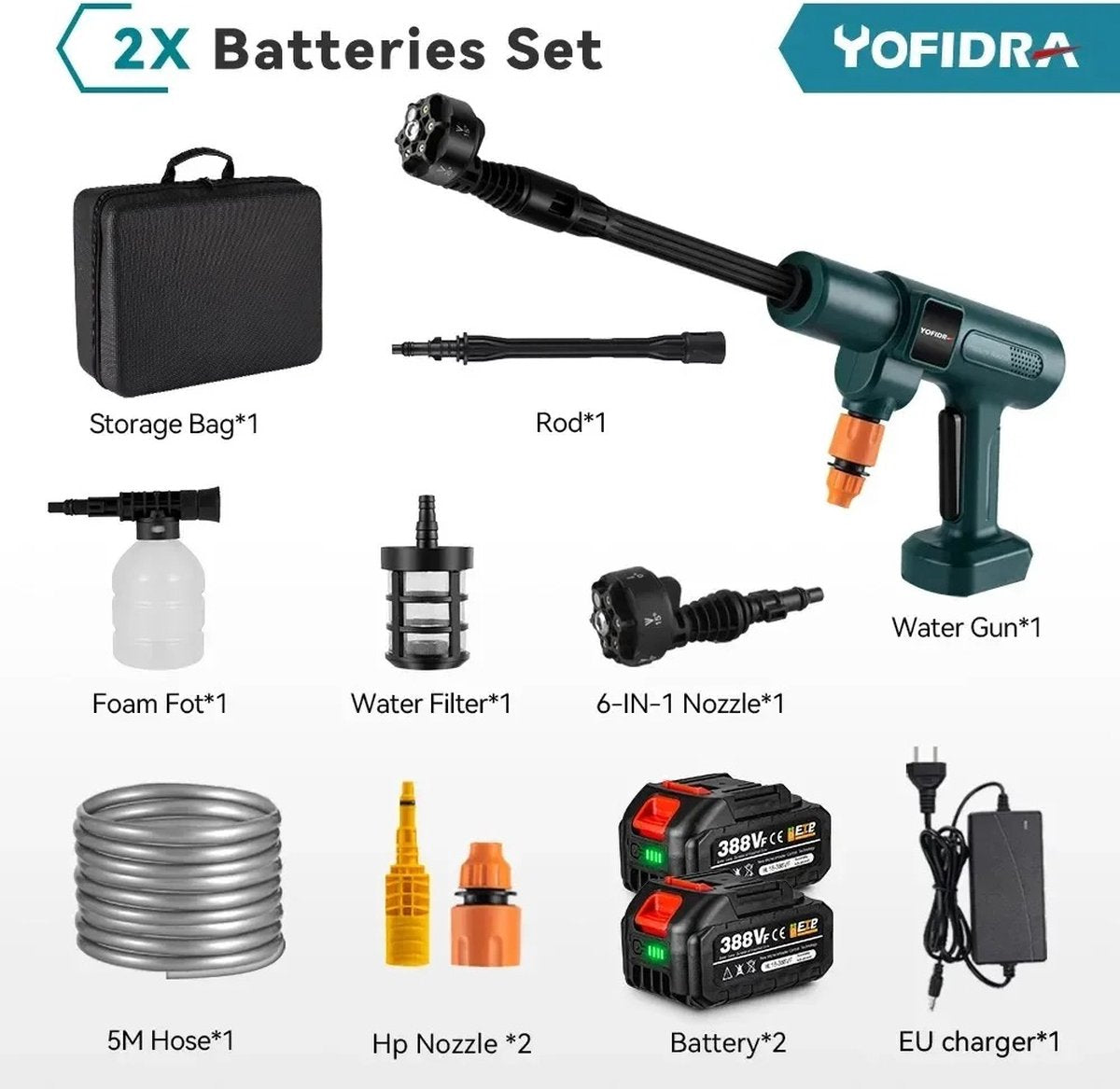 Eszenzics™ Electric High-Pressure Cleaner - 6in1 Car Wash - 3500W 200bar - Brushless - Water Gun For Makita, incl. 2 batteries 18 V - Garden - Irrigation - Spray Gun