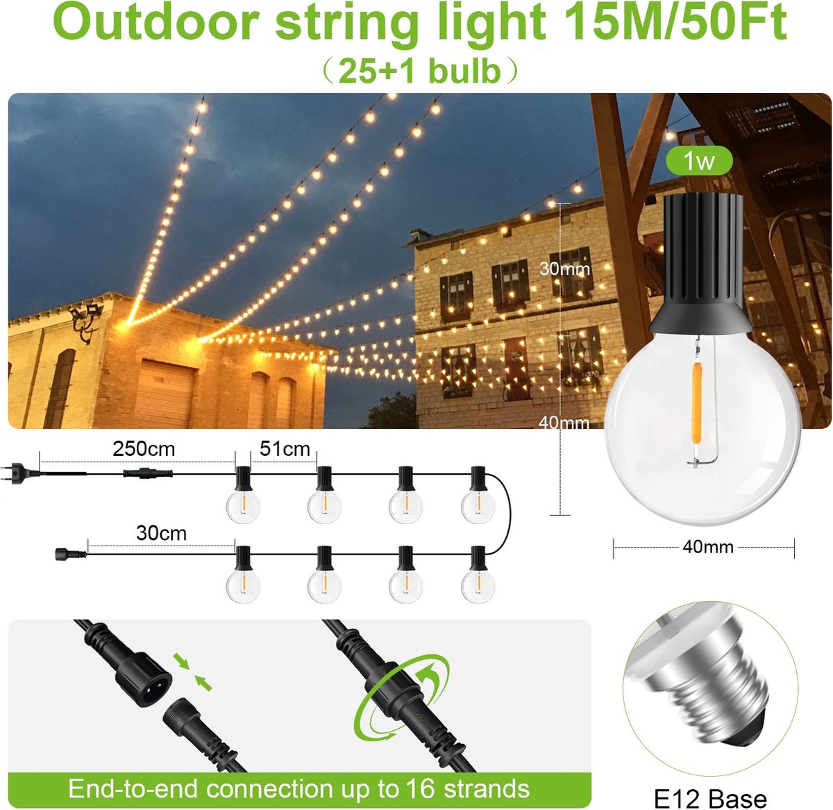 Lichtsnoer Voor Buiten Binnen - Lichtslinger - Inclusief 26 G40 LED lampen - 15 Meter - Waterdicht - 2700K - Dimbaar met Afstandsbediening - Lichtsnoer Buiten Voorveranda, Terras, Tuin, Achtertuin, Balkon