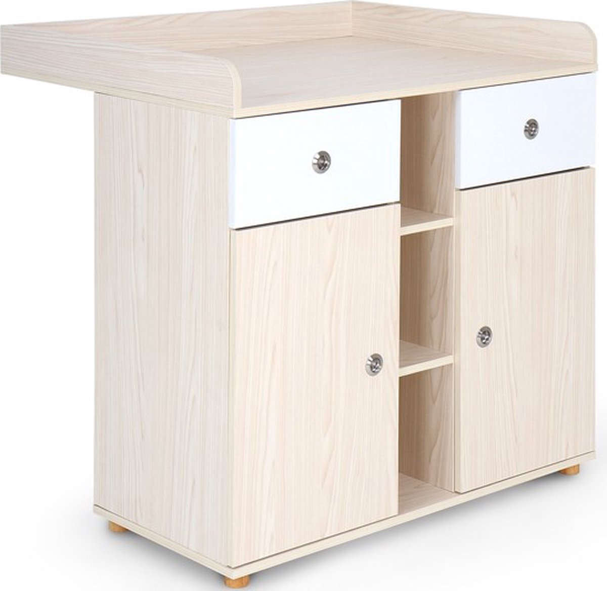 Infantastic - Babycommode met 2 grote lades en 5 vakken - Ladekast met Opbergruimte - Veelzijdig Omkleedmeubel met Organiser - 90x69x92 cm (LxBxH) - Eikenfineer