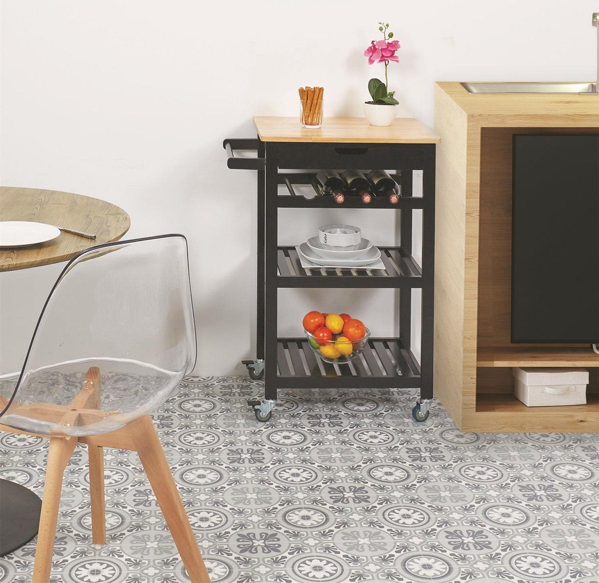 Kitchen trolley with 1 drawer on wheels 40x61x85 cm - Black