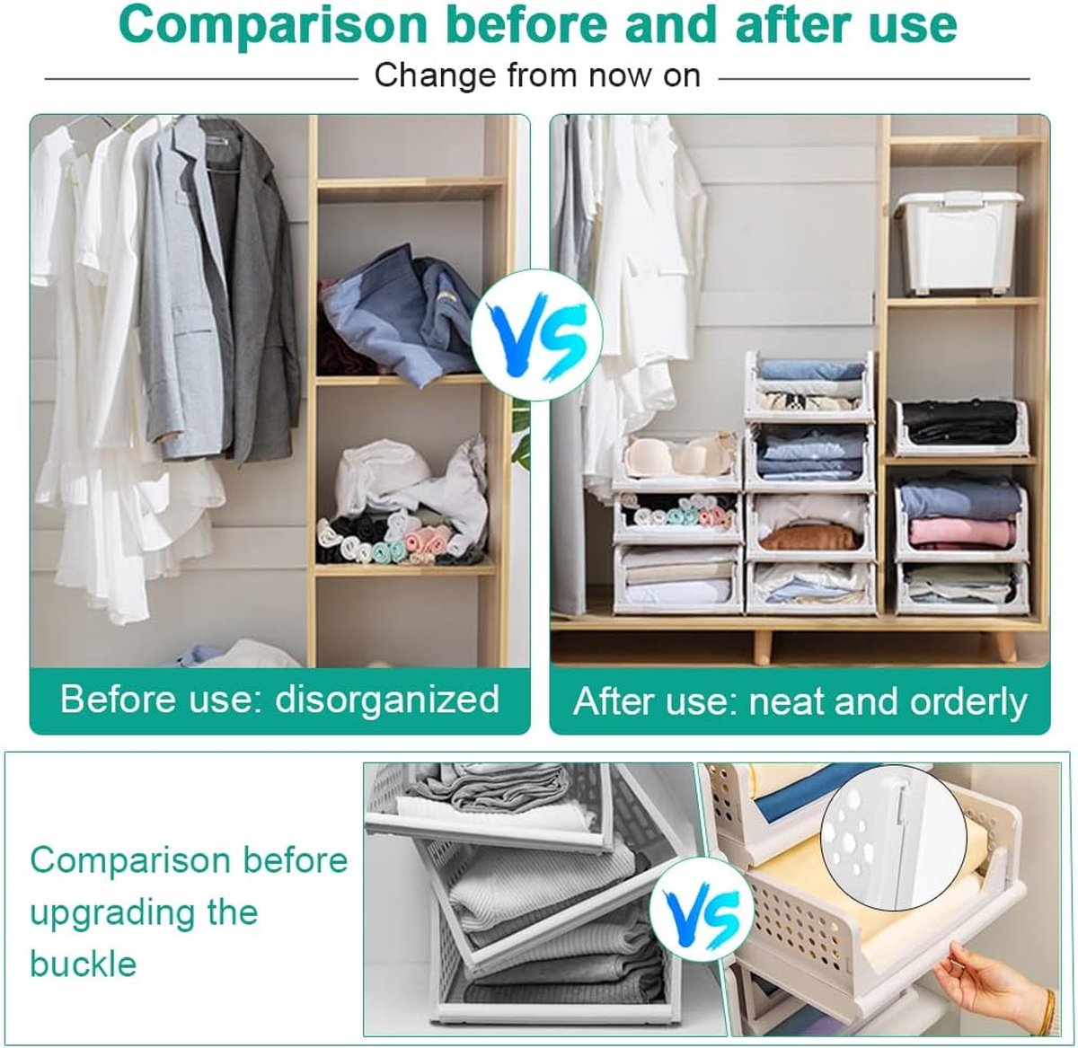 Set van 3 ladekasten Kledingkast Ladekasten Stapelbare plank voor kledingkast Binnen Opvouwbare opbergdozen Lade Wit Stapelbare lades voor kleding Slaapkamer Keuken Badkamer