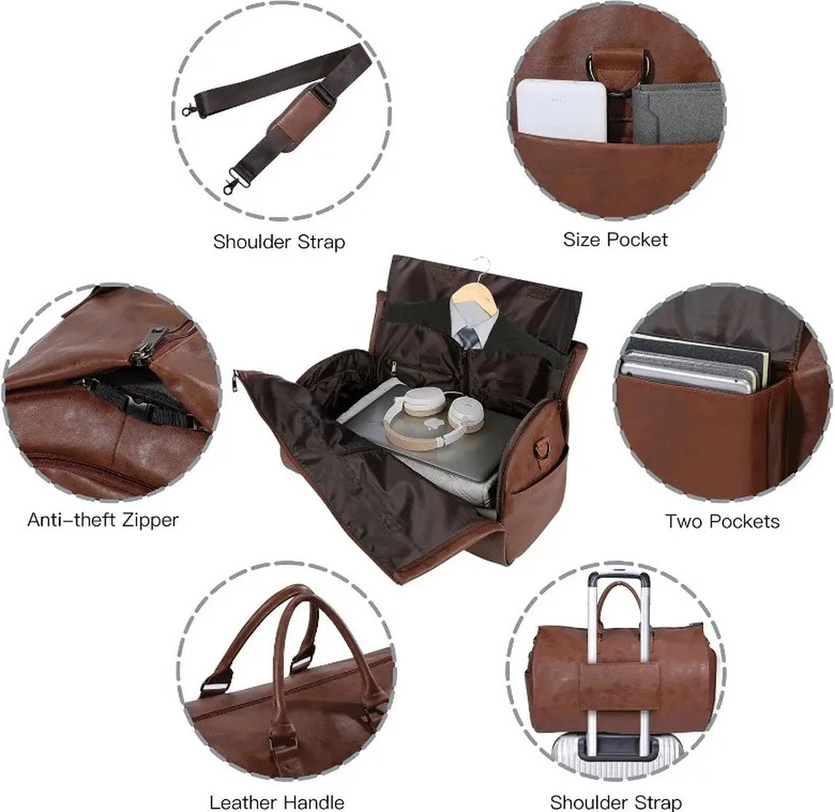 Leren Slimme Reistas Opvouwbare Binnenkant Voor Kleding Pak Multifunctionele Slimme Reistas Waterdicht Extra Grote Ruimte Weekendtas Draagbare Bagagetas Training Sport Tas Slimme Koffer Vakantie Zomer Bruin 58L
