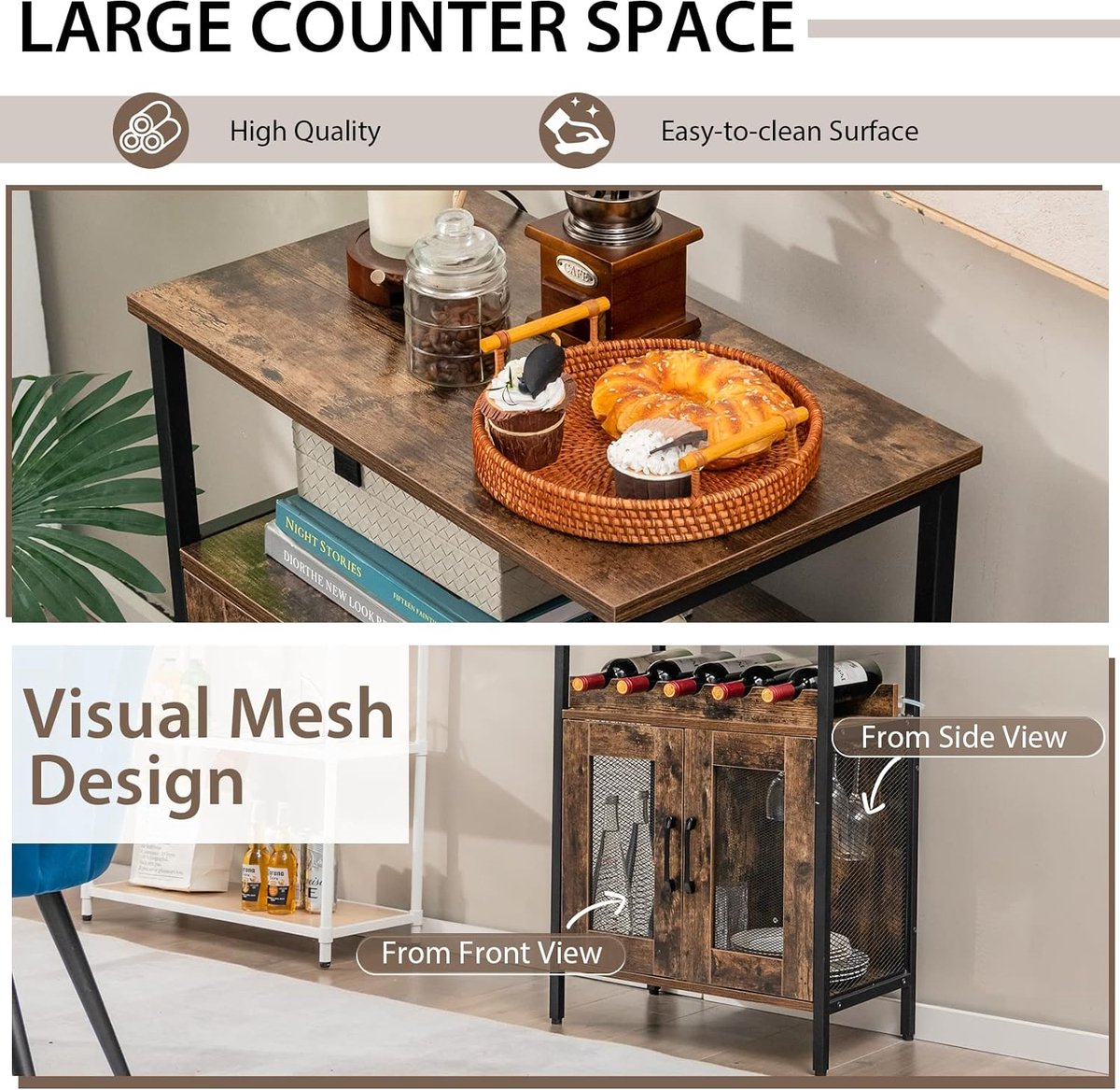Bar cabinet with storage rack, wine bar cabinet, drinks cabinet with removable bottle holder and glass holder, industrial buffet cabinet for the kitchen