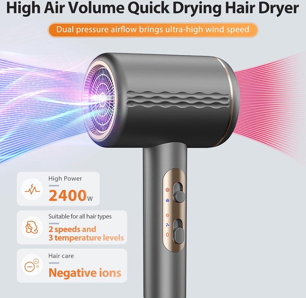 Ionische Föhn 2400 W Professionele Haardroger met 1 Concentrator - Diffuser 2 Snelheden en 3 Temperaturen