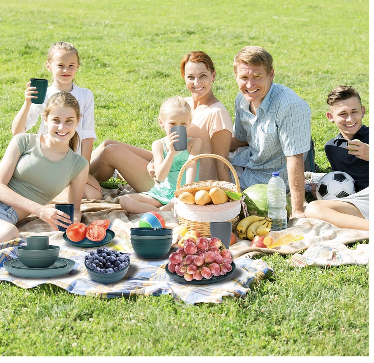 Camping Dinnerware Set, 24-piece Plastic Dinner Set for 6 People, Lightweight Break-Resistant Dinnerware Set, Detachable Plates, Bowls, and Cups, Microwave and Dishwasher Safe