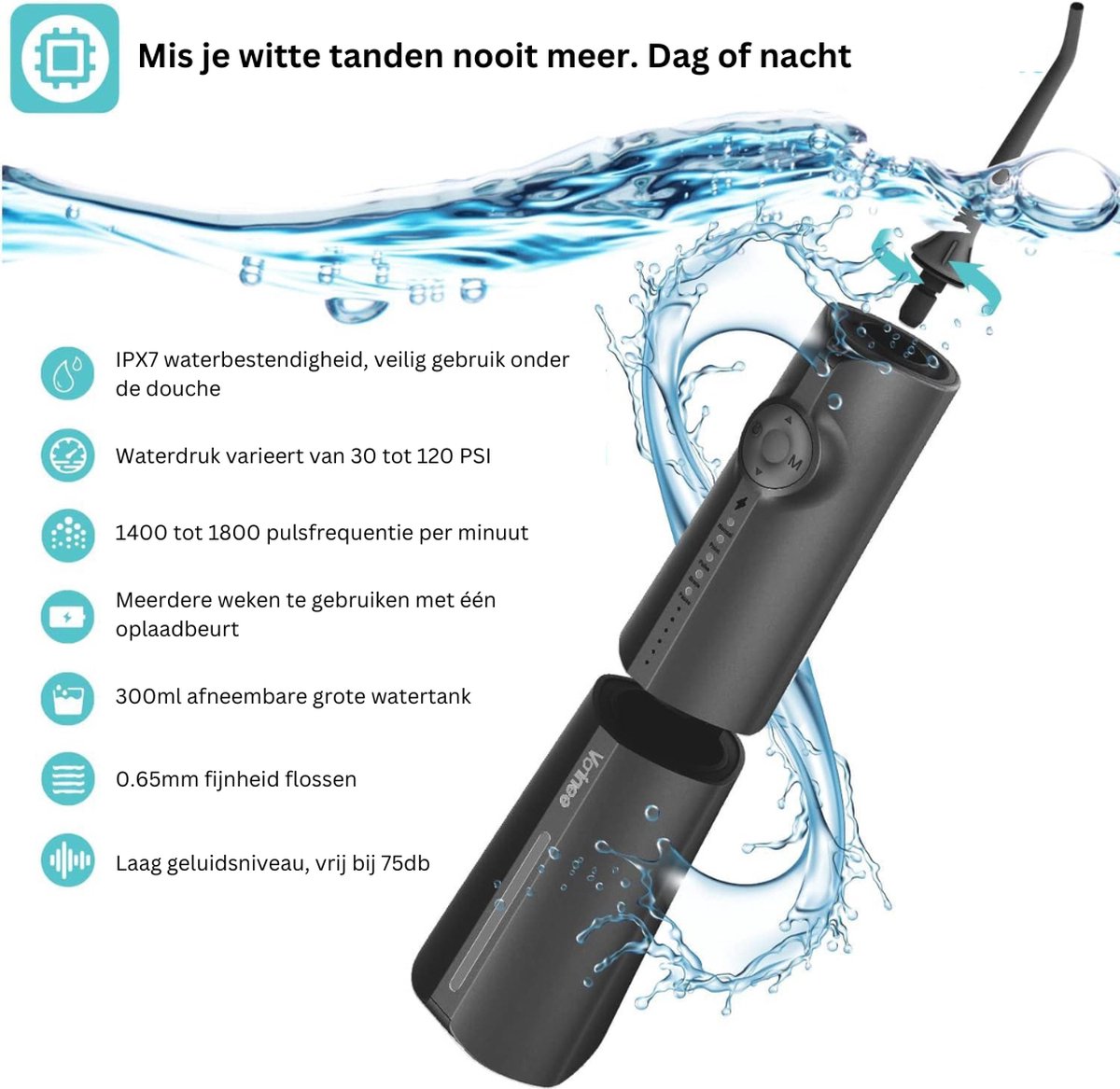 Waterflosser - Tandreiniger - 300ML - 75dB - IPX7 - 5 Mondstukken - USB Oplaadbaar Elektrische Monddouche - Flosapparaten - Lange Batterijduur - Draadloze Waterflosser - Zwart