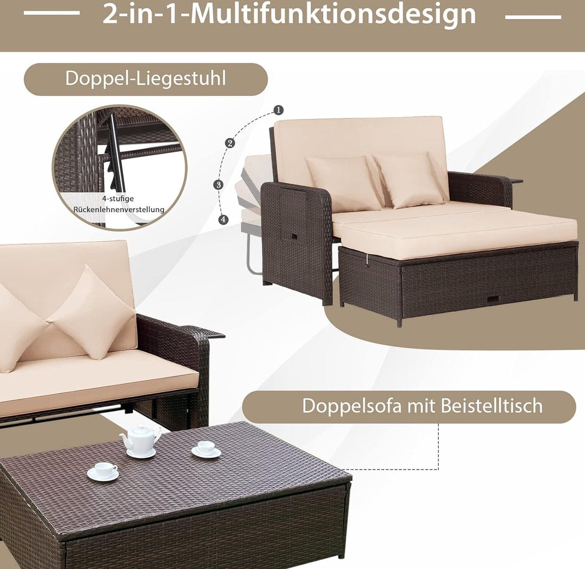 Rieten bankstel - 2-zits fauteuil met voetenbank en 2 bijzettafels, terrasbank, slaapfunctie, lounge tuinbank, verstelbaar voor buiten, balkon en tuin, 170 x 120 x 91 cm