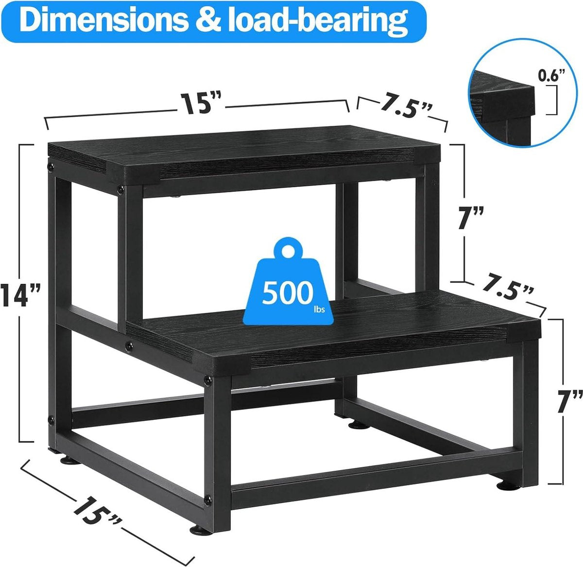 2-Step Stool Heavy Duty Steel and Wooden Stool - Load Capacity up to 220 kg - for Adults and Children - Black - Bed Kitchen Bathroom