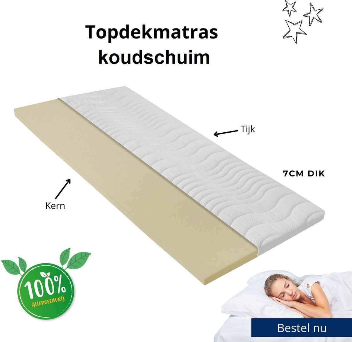 Berry Sleep® Hotel Deluxe Topper - 90x200 Topdekmatras - Koudschuim - Tencel - 7 cm dik