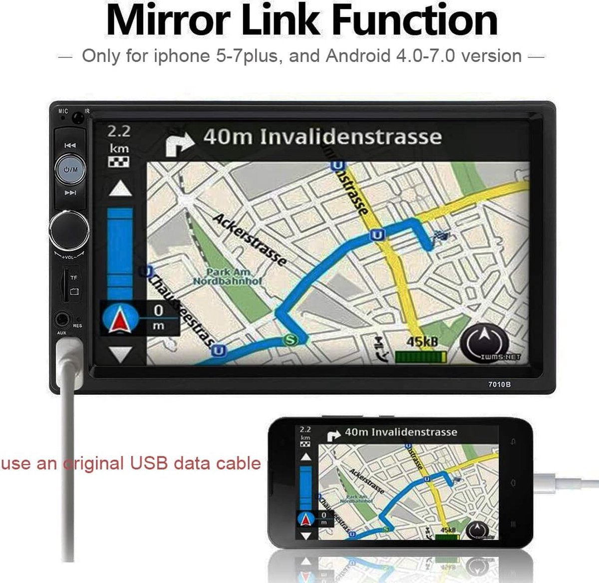 Bluetooth 2-Din Autoradio - 7010B - 17,8 cm - Capacitief Touchscreen Spiegel - Link voor iOS/Android - Telefoon FM-Ontvanger - MP5 Auto Speler USB SD AUX-in