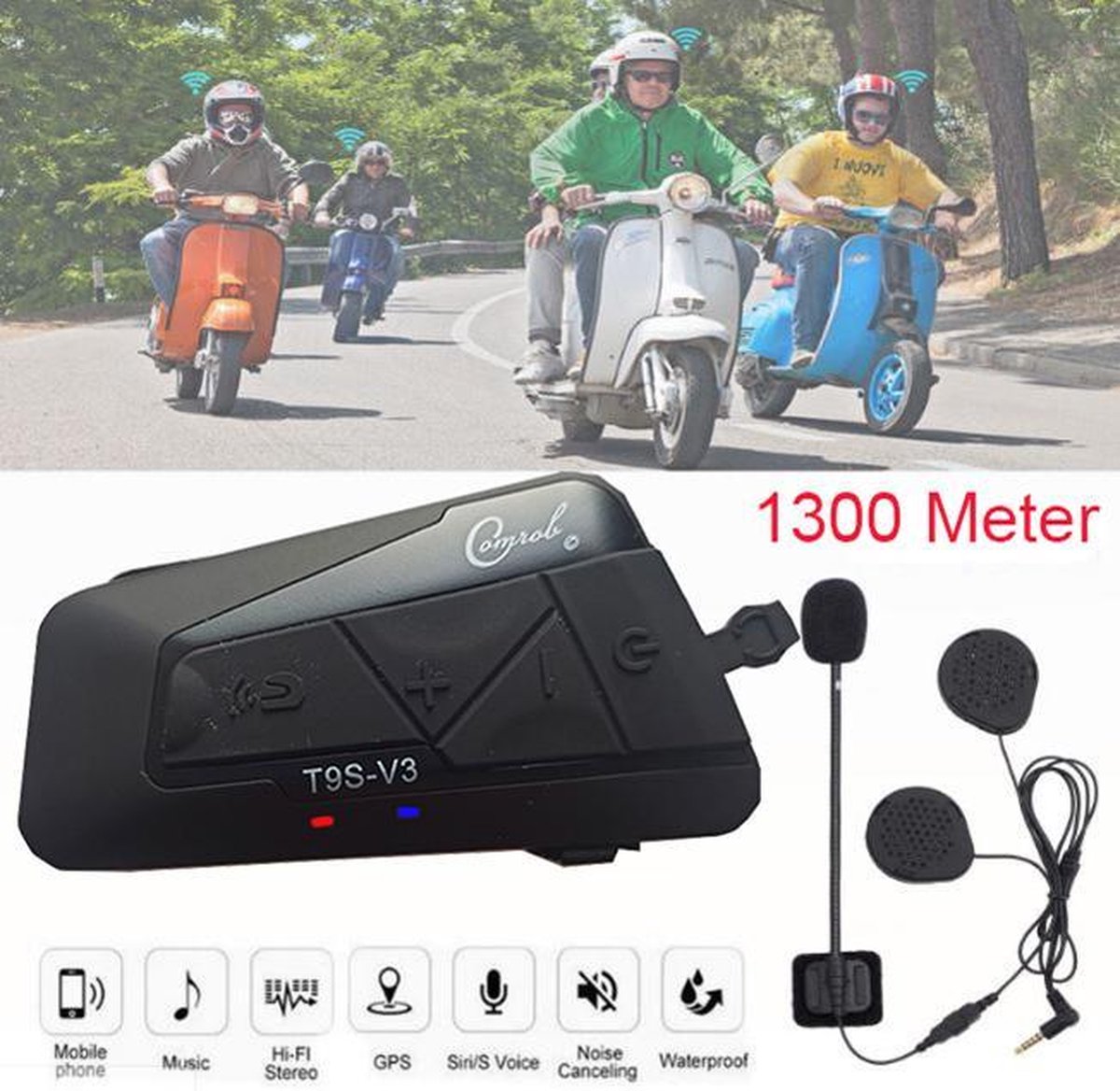 1 STUK - Motor headset intercom multifunctionele waterdichte bluetooth T9S-V3 -helm interphone max 1300 meter